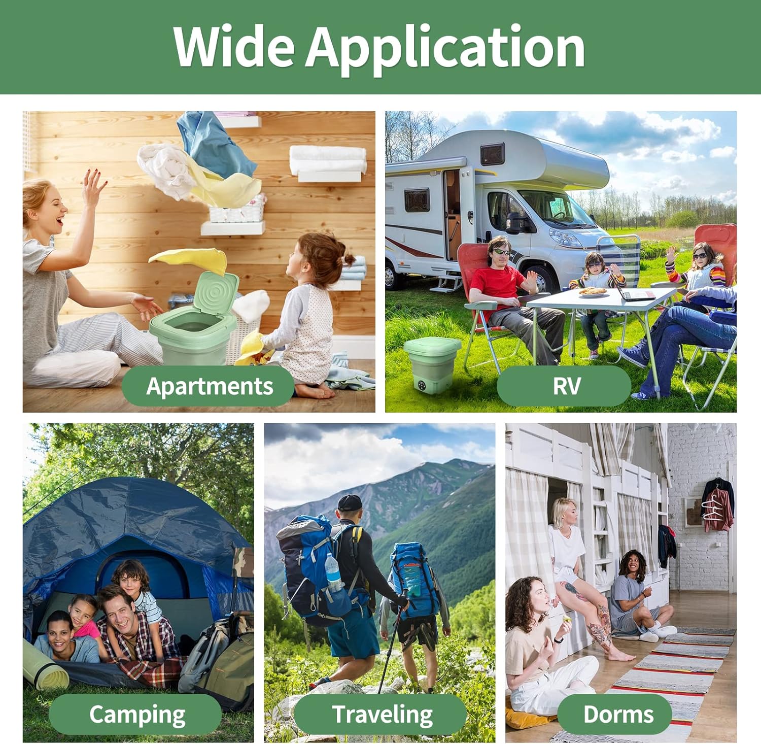 Portable Washing Machine,8L Mini Folding Bucket Washer with Drainage Pipe & 4 Clothes Clips for Socks Underwear Baby Clothes,Suitable for Apartment Camping RV Travel laundry (110V-240V) (Green)