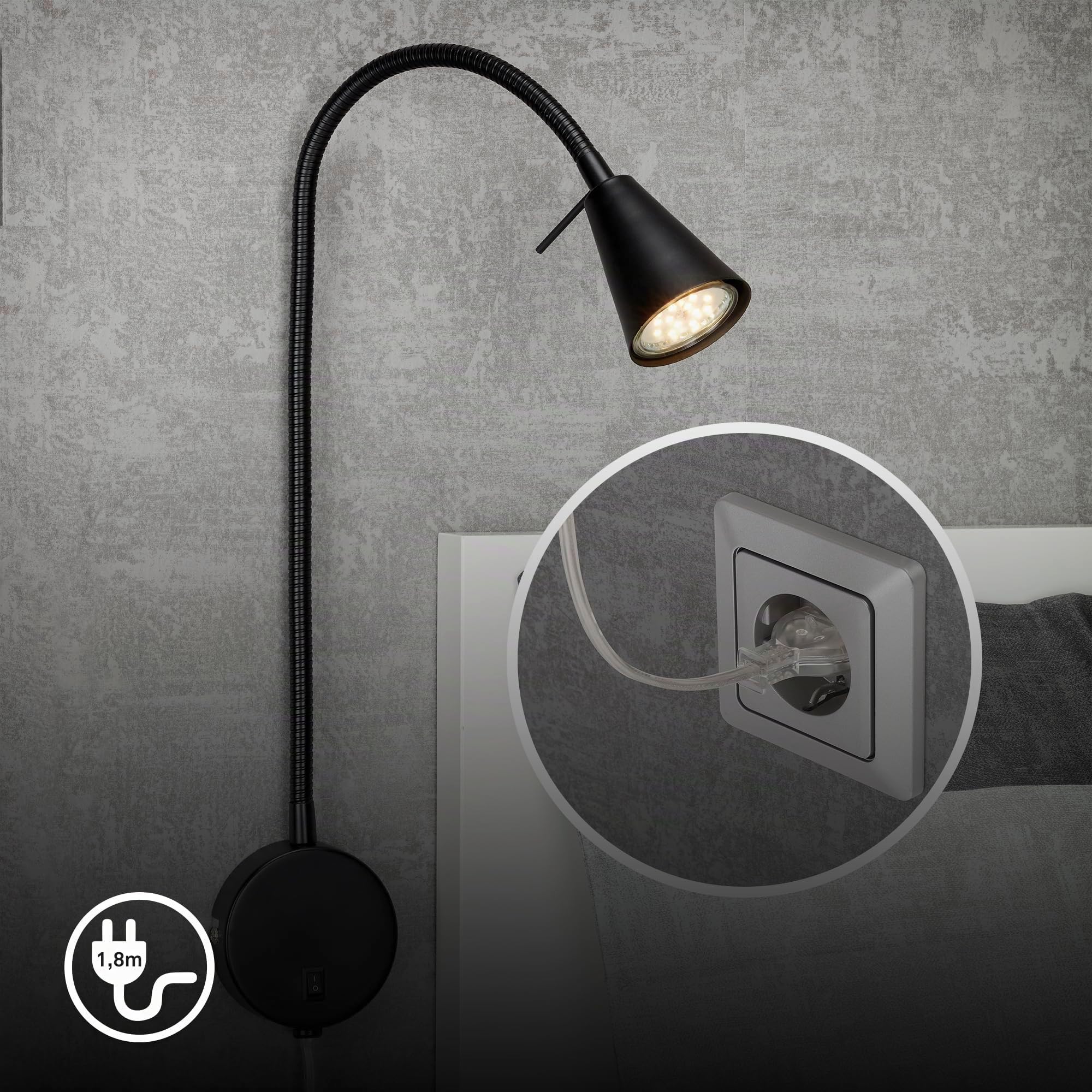 Briloner Leuchten 2082-015 LED, Lampe de Chevet avec Bras Flexible, Interrupteur Marche/arrêt, 4 Watt, 400 lumens, 3.000 Kelvin, métal, Noir, 4 W