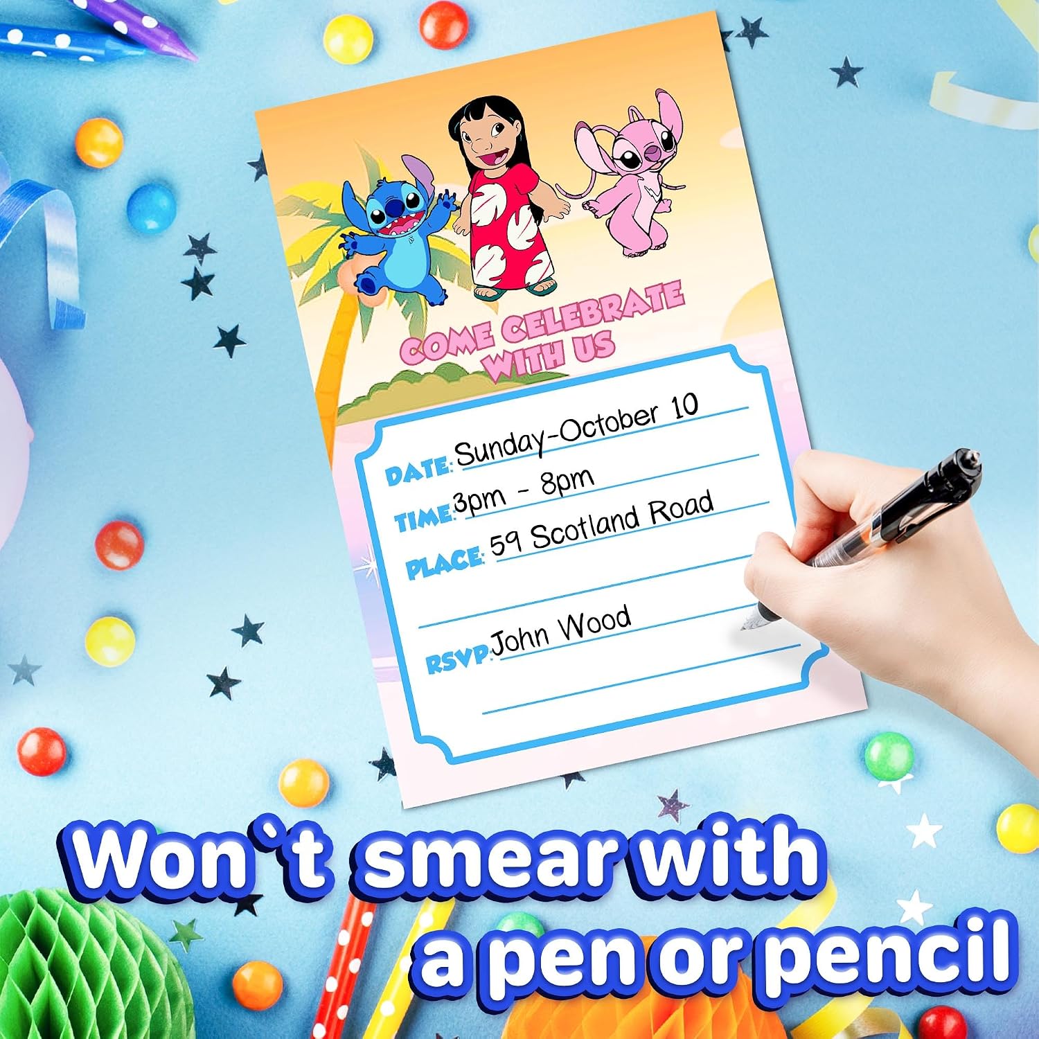 20x Lilo Kids Fun Pink-Themed Birthday Invitations and Envelopes – Fill-in Happy Birthday Party Invitations for Kids, 6X4 Inches, Postcard Style
