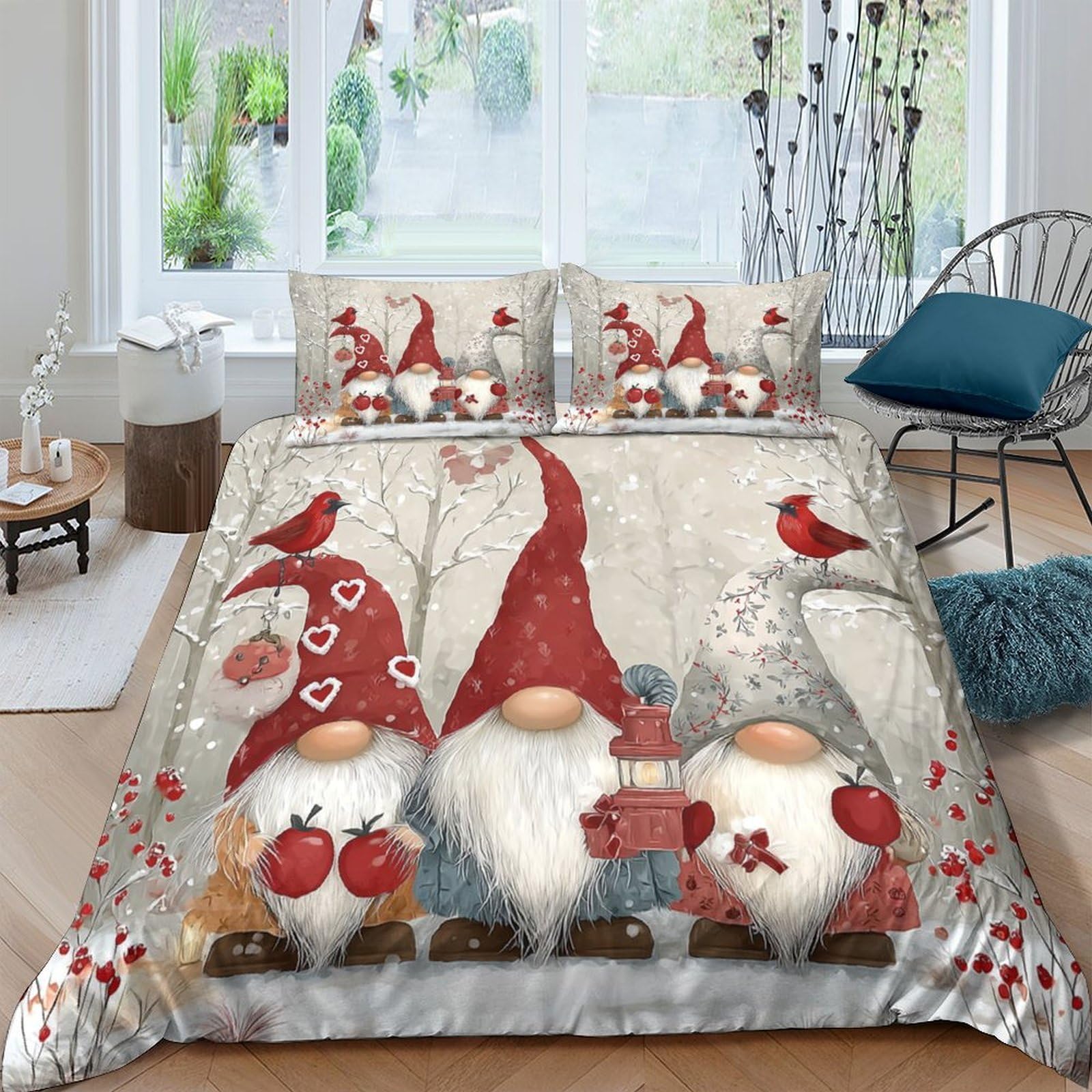 Ctjqhvkz Style-4 3D Printed Christmas Gnome Fitted Sheet Microfiber Nordic Red Bird Mattress Cover For Bedroom Guest Room Decor Single（135X200cm）