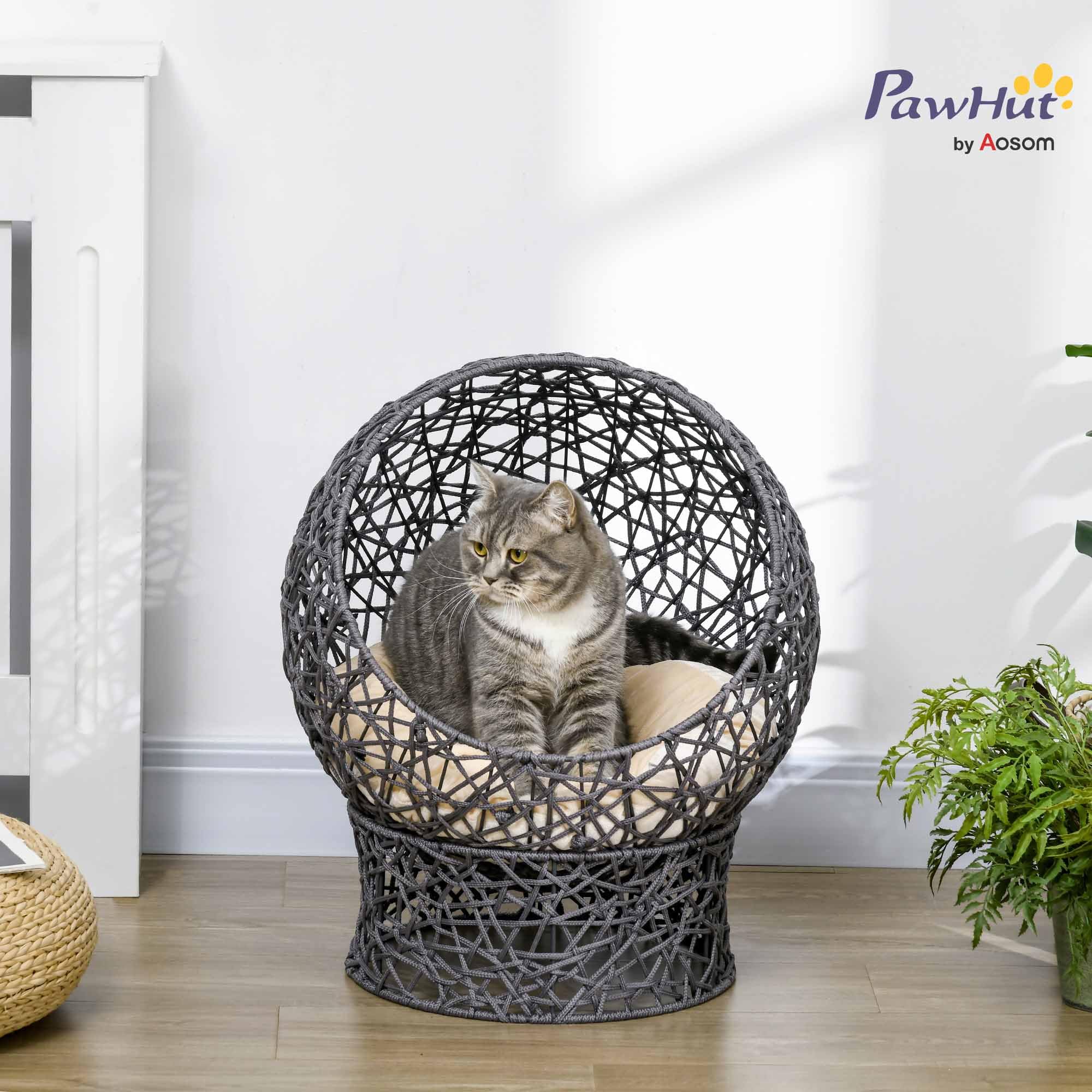 PawHut Cuccia per gatti con cuscino, cuccia per gatti in corda di poliestere, cuccia per gatti con base cilindrica, letto per animali domestici, viola+bianco crema, 50 x 50 x 60 cm