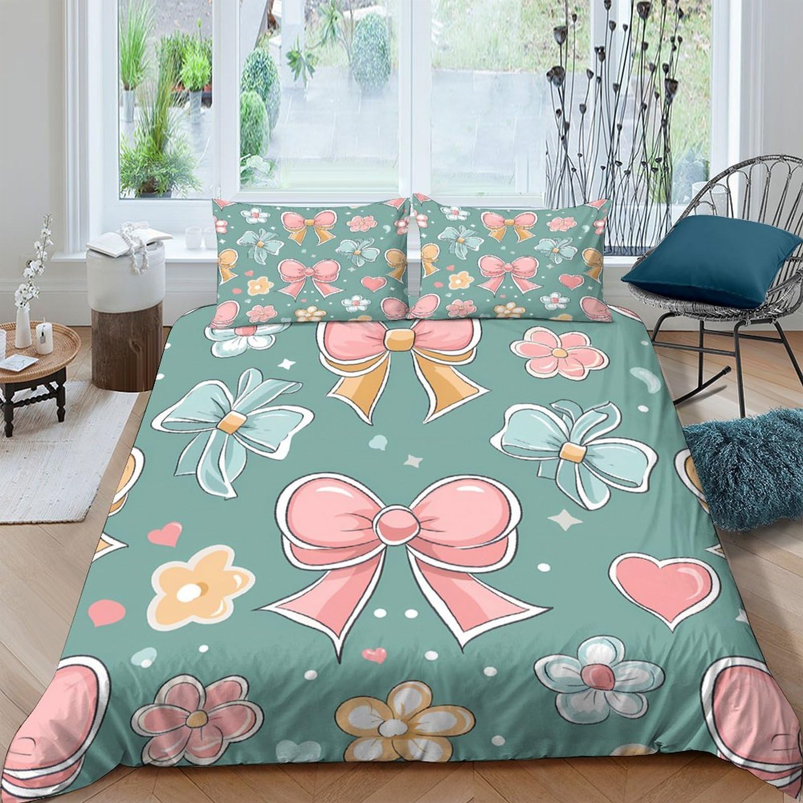 Ctjqhvkz Style-7 3D Printed Bow Flower Fitted Sheet Microfiber Soft Pink Green Heart Bed Cover For Bedroom Guest Mattress Protection Single（135X200cm）
