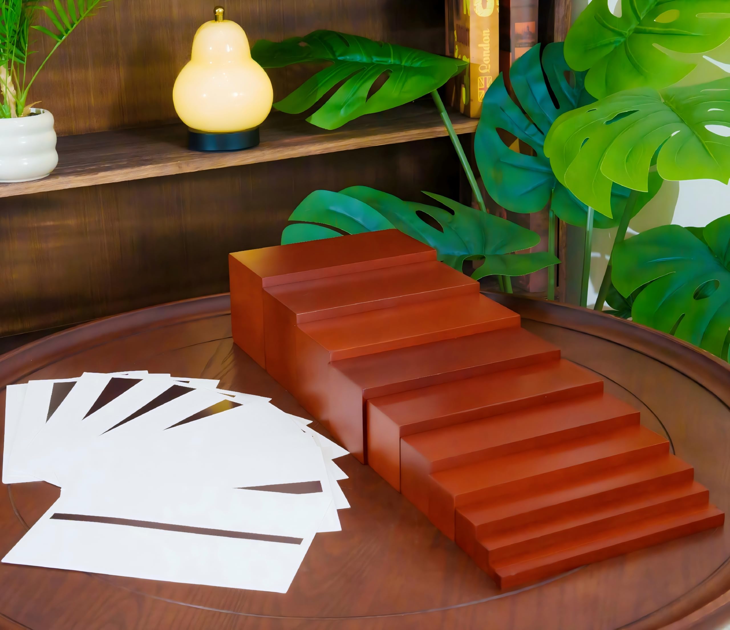 Montessori Large Brown Stairs & Cards, Solid Beechwood Ten Rectangular Prisms 21 * 7.9", Sensorial Materials for Kids Ages 3-6, Educational Wooden Toys, Thick Thin Discrimination Learning