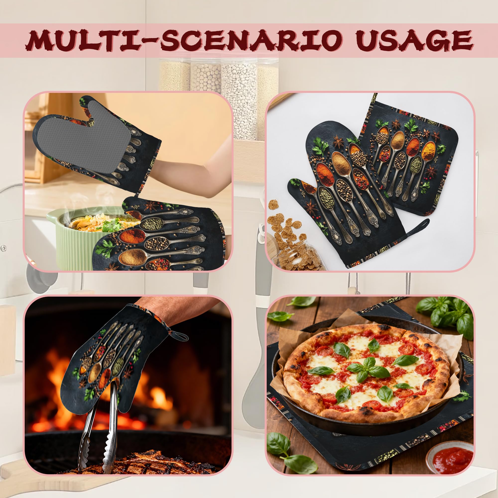 Lot de 4 gants de cuisine et maniques en silicone résistants à la chaleur, extra longs, antidérapants, pour cuisine, pâtisserie, barbecue, grillades
