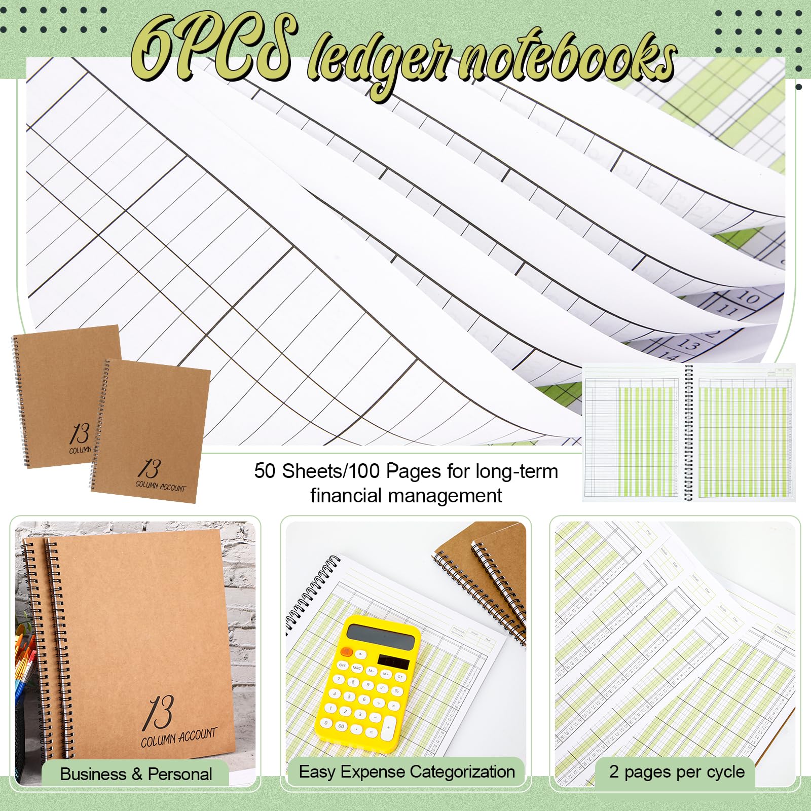 Feifeiya 6 quaderni a 13 colonne, 22,5 x 27,9 cm, blocco per conti e analisi, copertina in carta kraft, 100 pagine, per uso personale e aziendale (50 fogli)