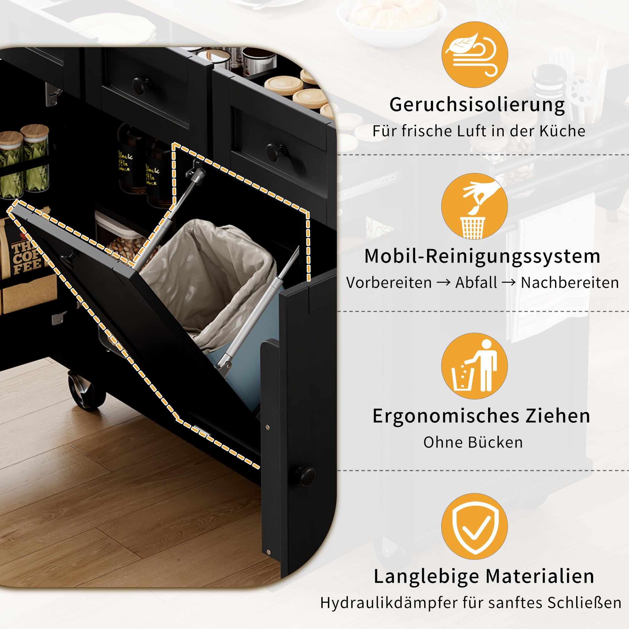 Desserte de Cuisine à roulettes Îlot Central avec Plan de Travail Pliable,2 Portes avec Rangement,3 Tiroirs,poubelle et Étagères Réglables pour Cuisine ou Salle à Manger (Noir-01B-2026, 131X46X93cm)