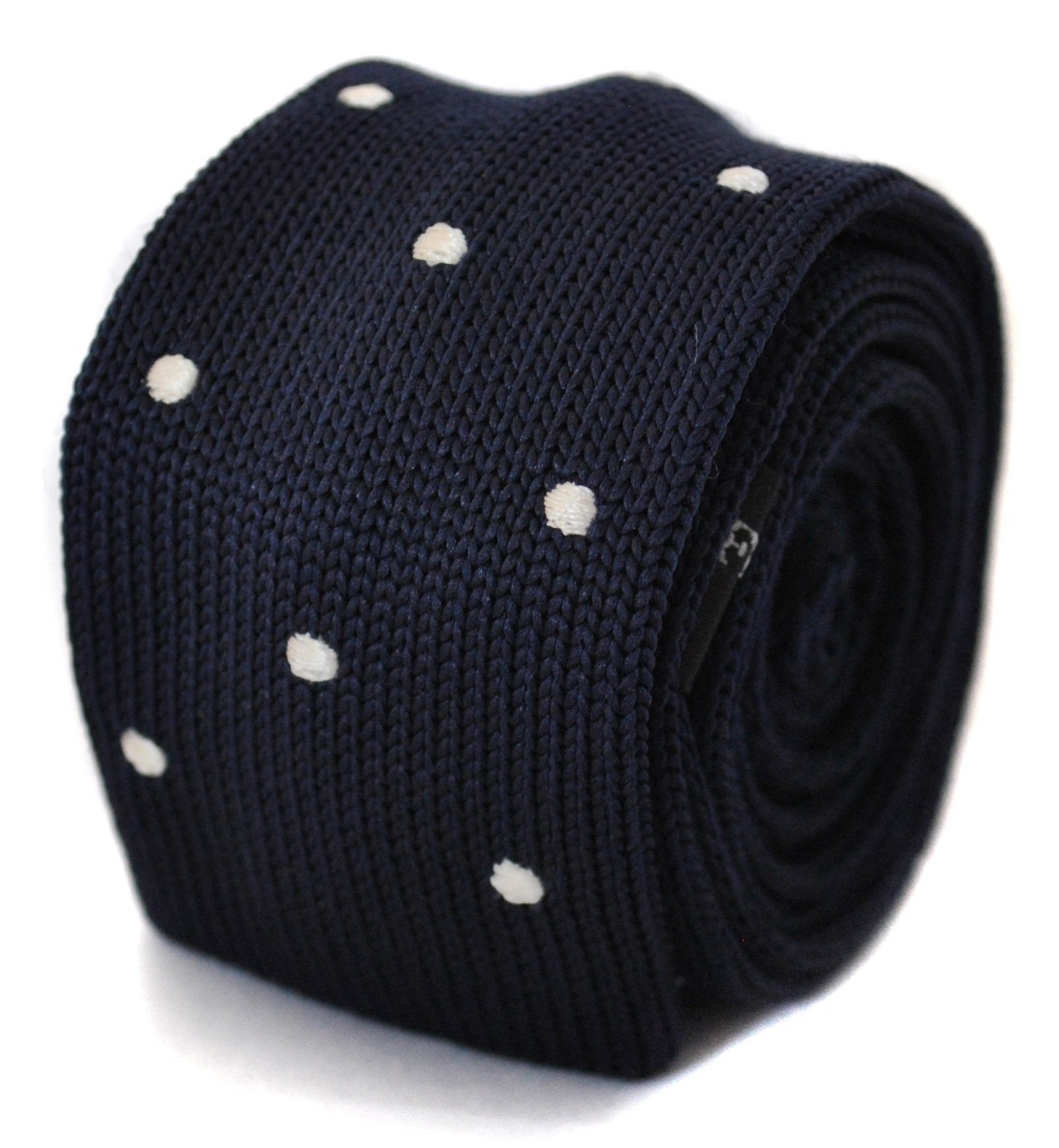 Frederick Thomas Men's Navy0702082752401 Knitted Skinny Tie Navy White Spotted Pattern ’S Standard Length Elegant Formal Neckwear Classic Style
