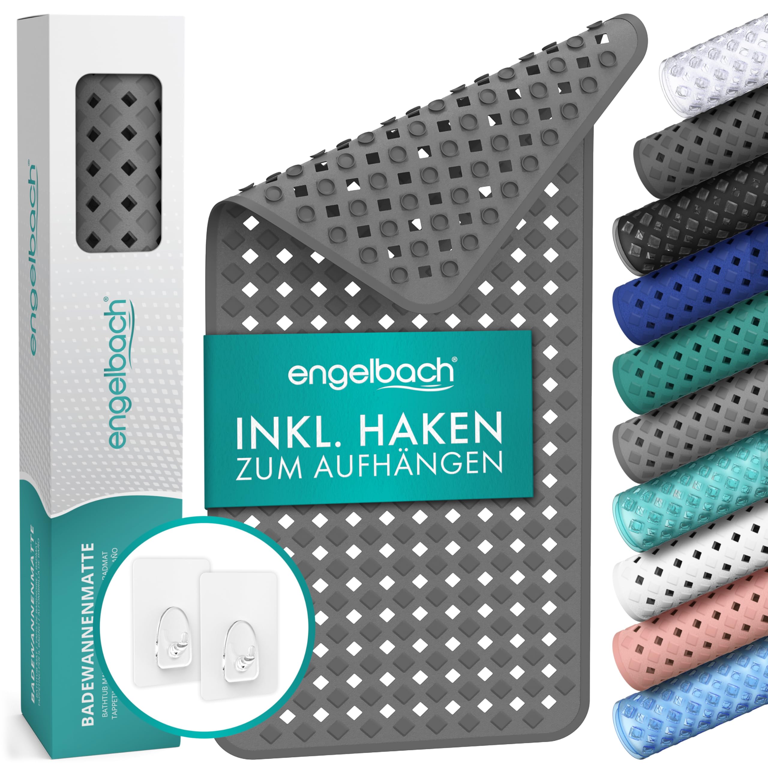 Engelbach® Badewannenmatte rutschfest Inkl. 2 Haken zum Trocknen 88x40cm - Antirutschmatte Badewanne 100% BPA-Frei - Badewanneneinlage schimmelresistent & maschinenwaschbar