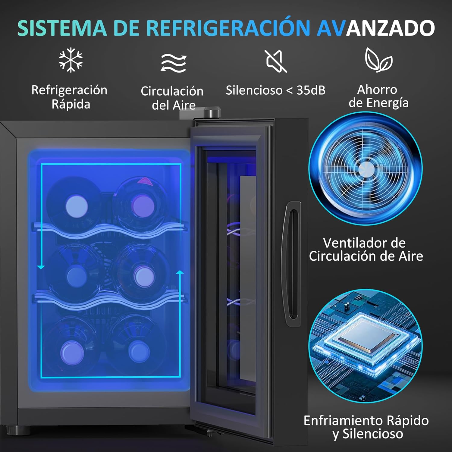 Diagram illustrating the advanced cooling system of the wine cooler, showing rapid cooling, air circulation, quiet operation, and energy saving features.