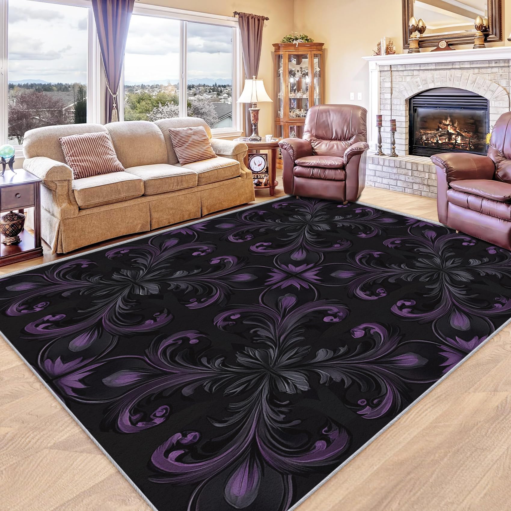 NejTrenzy Purple Black Damask Throw Rug 2x3, Washable Gothic Rugs for Entryway Bedroom Kitchen, Baroque Area Rug for Home Decor, Non Slip Backing
