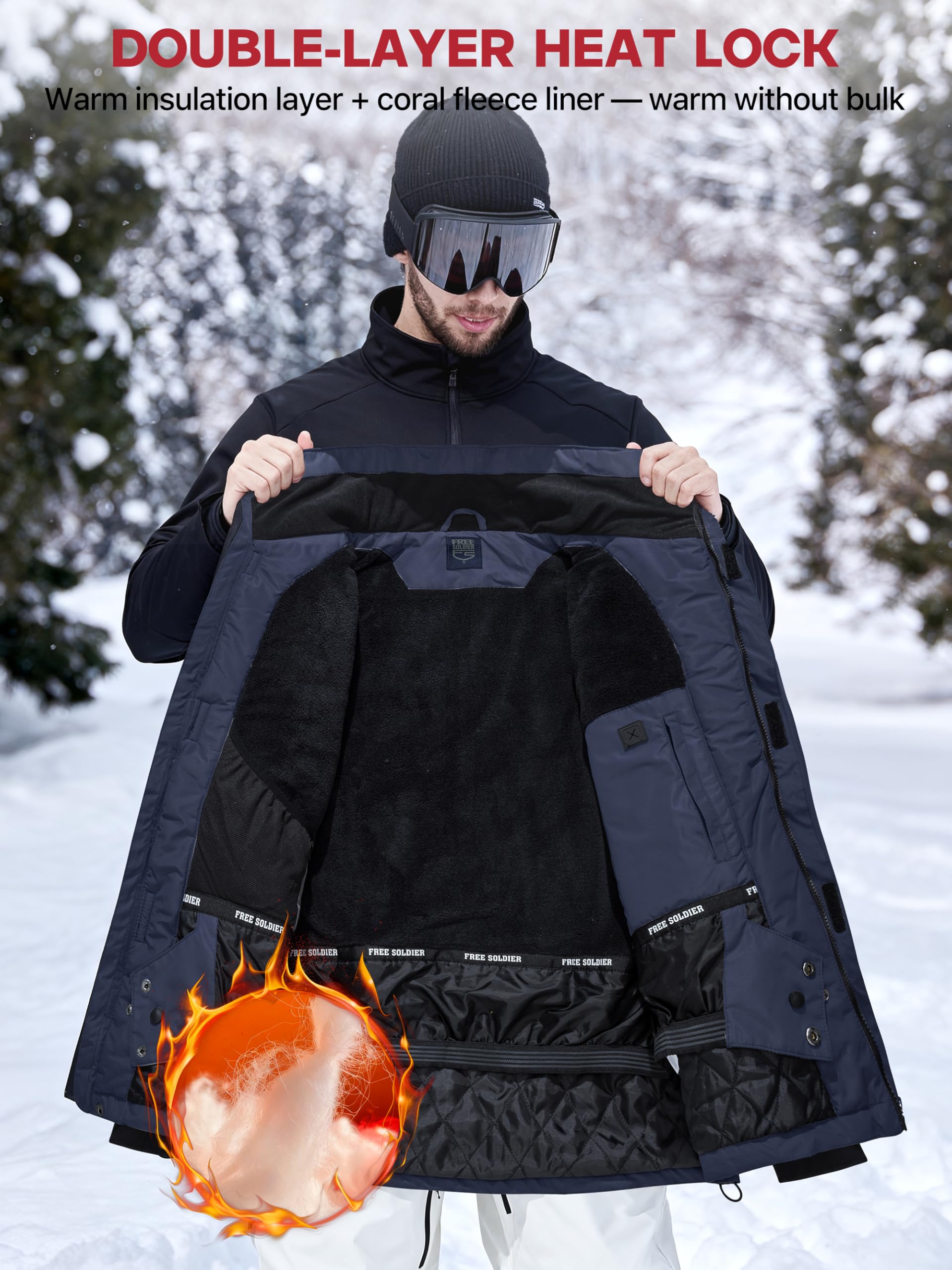FREE SOLDIER Veste de ski imperméable pour homme avec doublure en polaire, col neige chaud pour l'hiver avec capuche et coutures entièrement étanches