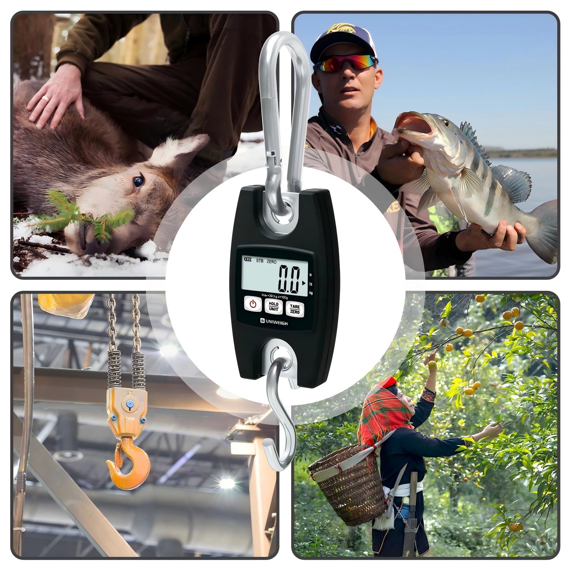 UNIWEIGH Báscula Colgante Digital 660lb/300kg, Bascula Industriales con Ganchos,Básculas de Equipaje con LCD/Funciones de Retención/Tara para Pesaje,Granja Caza,Pesca al Aire Libre,Maletas(Negro)