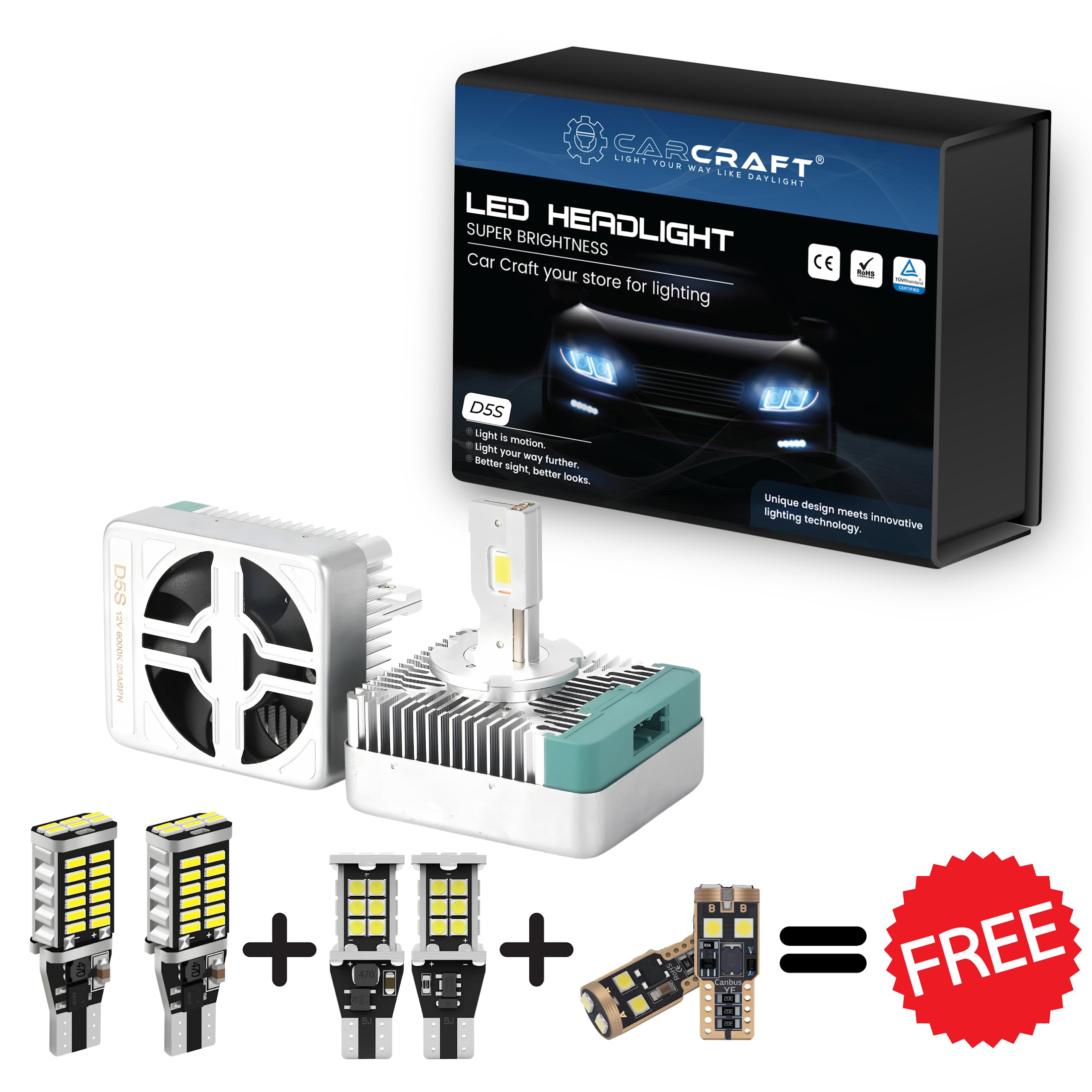 MK1 CAR CRAFT D5S LED Headlight Bulbs, 130W 30000 Lumens, Ultra High Power, 800% Very Super Bright LED Headlights Conversion Kit 6000K Cool White IP68 Waterproof Quick Installation