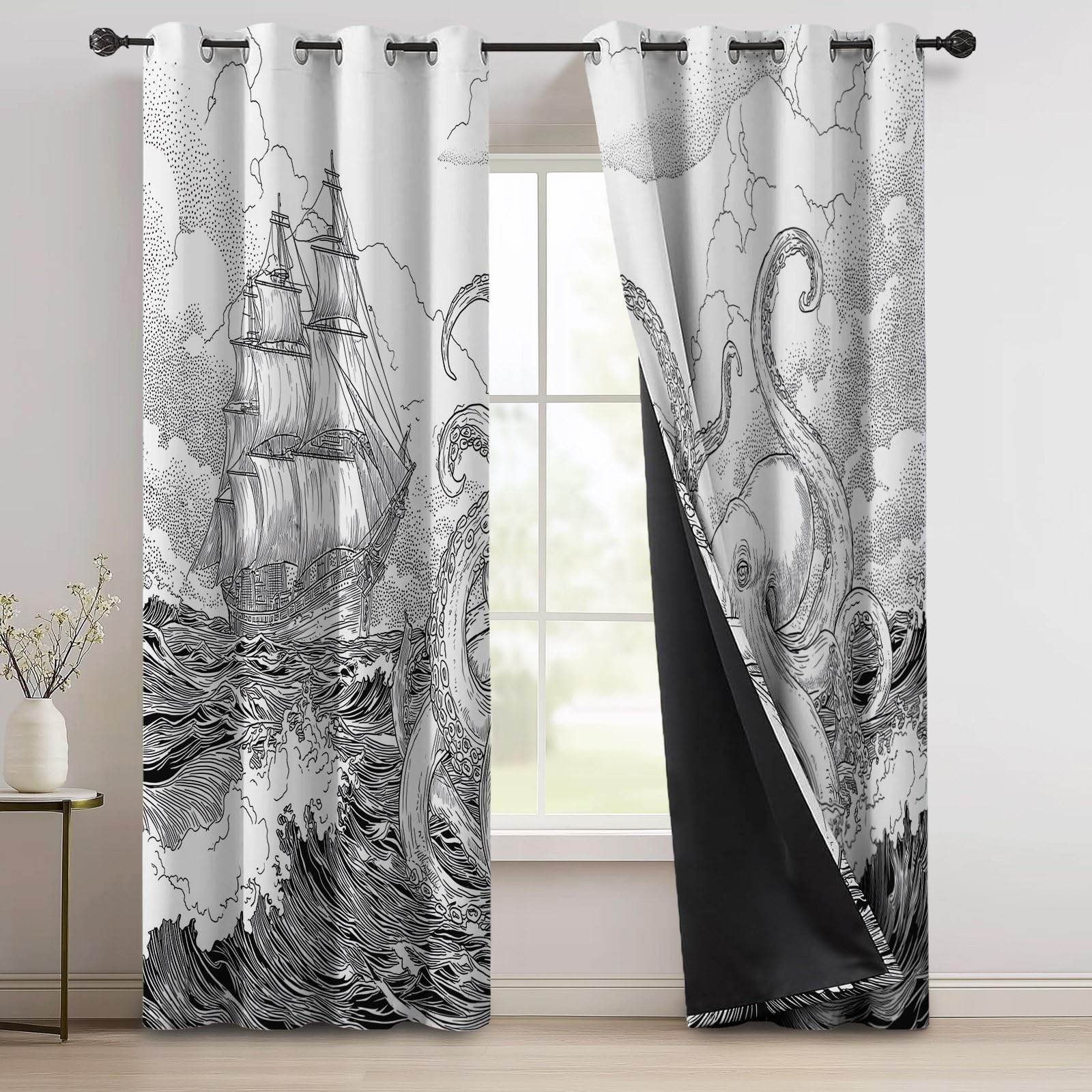 Rideau Occultant Lot de 2, Style Nautique Fantaisie Rideaux, 70 x 240 cm Rideau Thermique Isolant Anti Froid et Chaleur, Pieuvre Tentacules Voilier Motifs Rideau à œillets pour Chambre Salon, Blanc