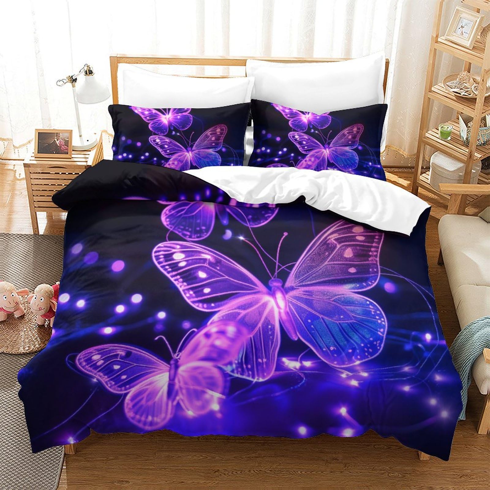 Housse de couette papillon 3D 260x220 cm avec taies en microfibre