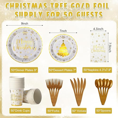 Miniatura 2 de 175 platos y servilletas de Feliz Navidad, suministros de fiesta, color blanco y dorado, desechable, árbol de Navidad, copos de nieve, platos de