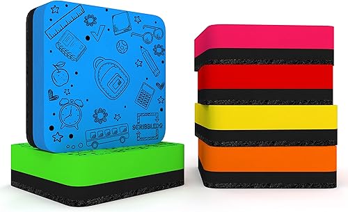 Scribbledo Paquete de 6 borradores de borrado en seco, varios colores, magnéticos, sin manchas para niños, estudiantes, aula, hogar, escuela, oficina