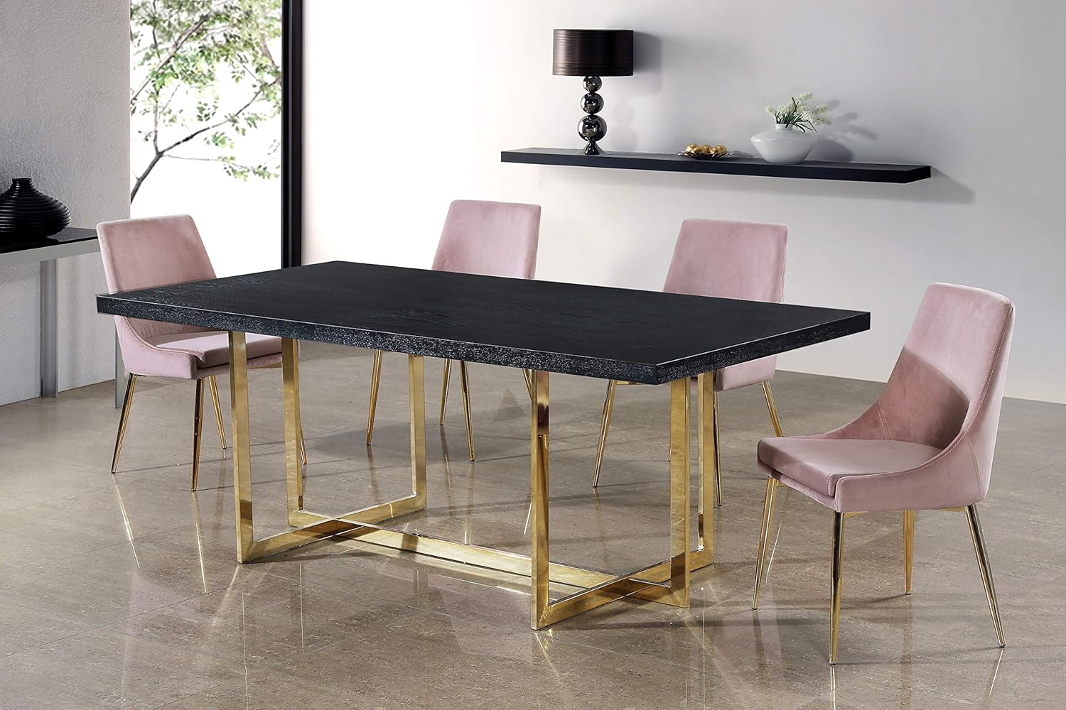 Meridian Furniture Karina Collection Modern | Contemporary Velvet Upholstered Dining Chair with Sturdy Metal Legs, Set of 2, 19.5" W x 21.5" D x 33.5" H, Pink