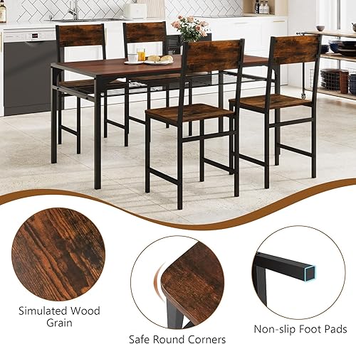 Miniatura 7 de Giantex Juego de 4 sillas de comedor, sillas de cocina industriales con patas de metal, respaldo inclinado, grano de madera rústica, sillas