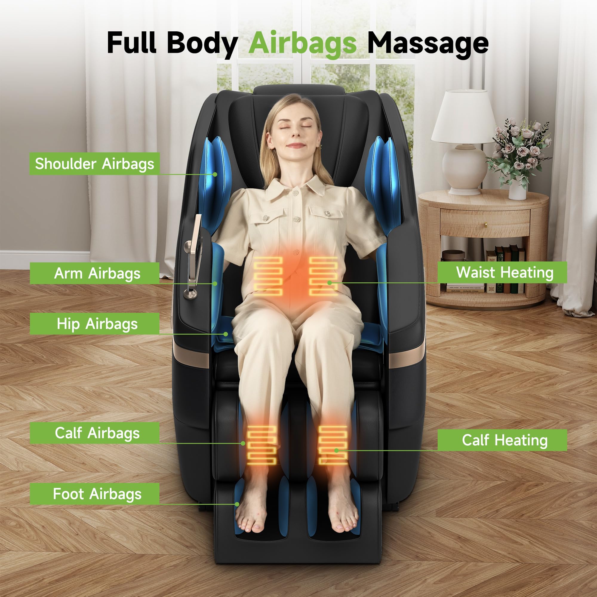 Real Relax Chaise de Massage du Corps Entier, Fauteuil inclinable de Massage Shiatsu à gravité zéro, Massage des Pieds, Bluetooth, Grand écran de contrôle (Noir Classique)