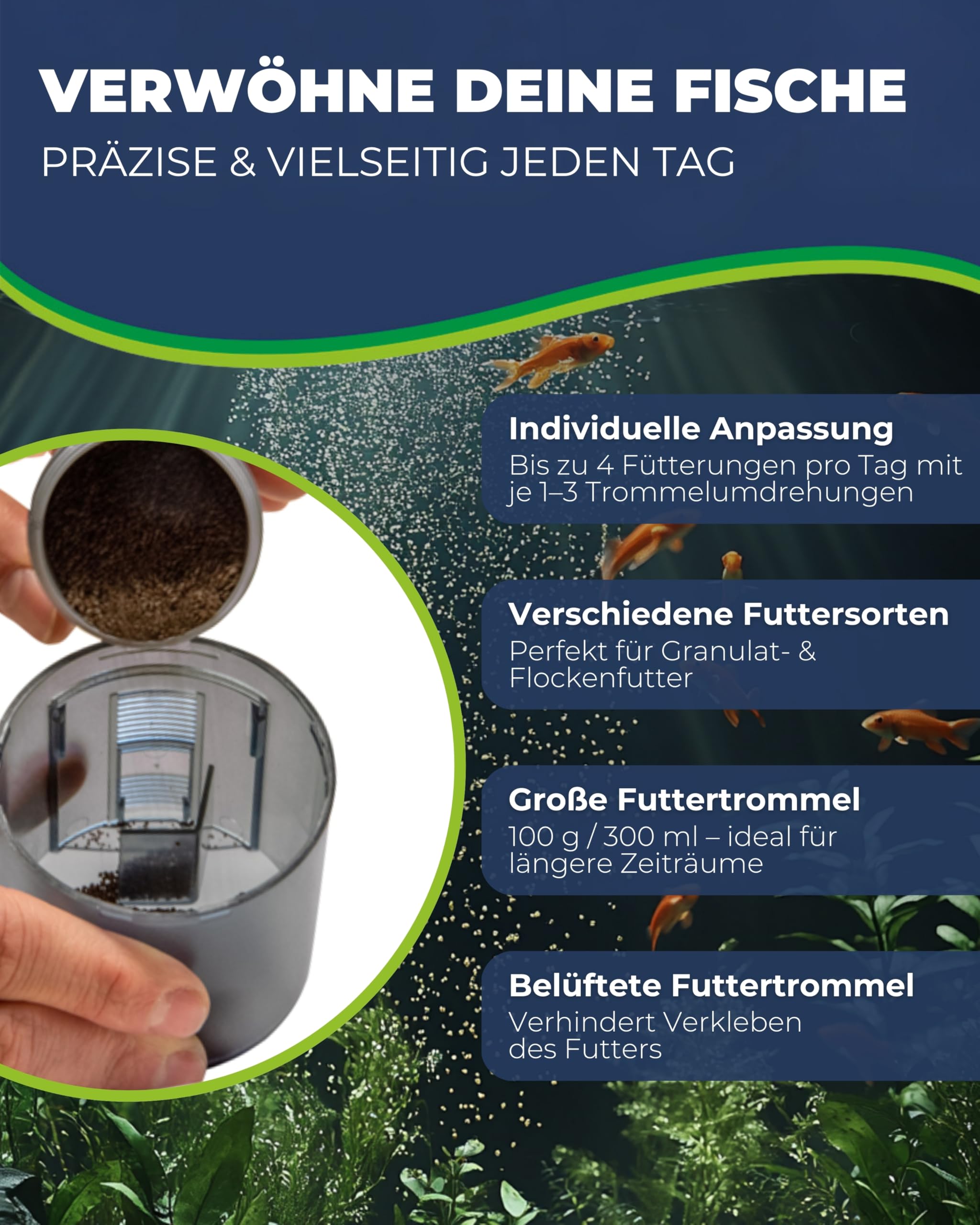 HOBBY Aquaristik Easy Feeder I programmierbarer Futterautomat für Aquarien I Fischfutter-Spender für bis zu 4 Fütterungen pro Tag I 100g / 300ml Kapazität I Aquarium-Futterspender