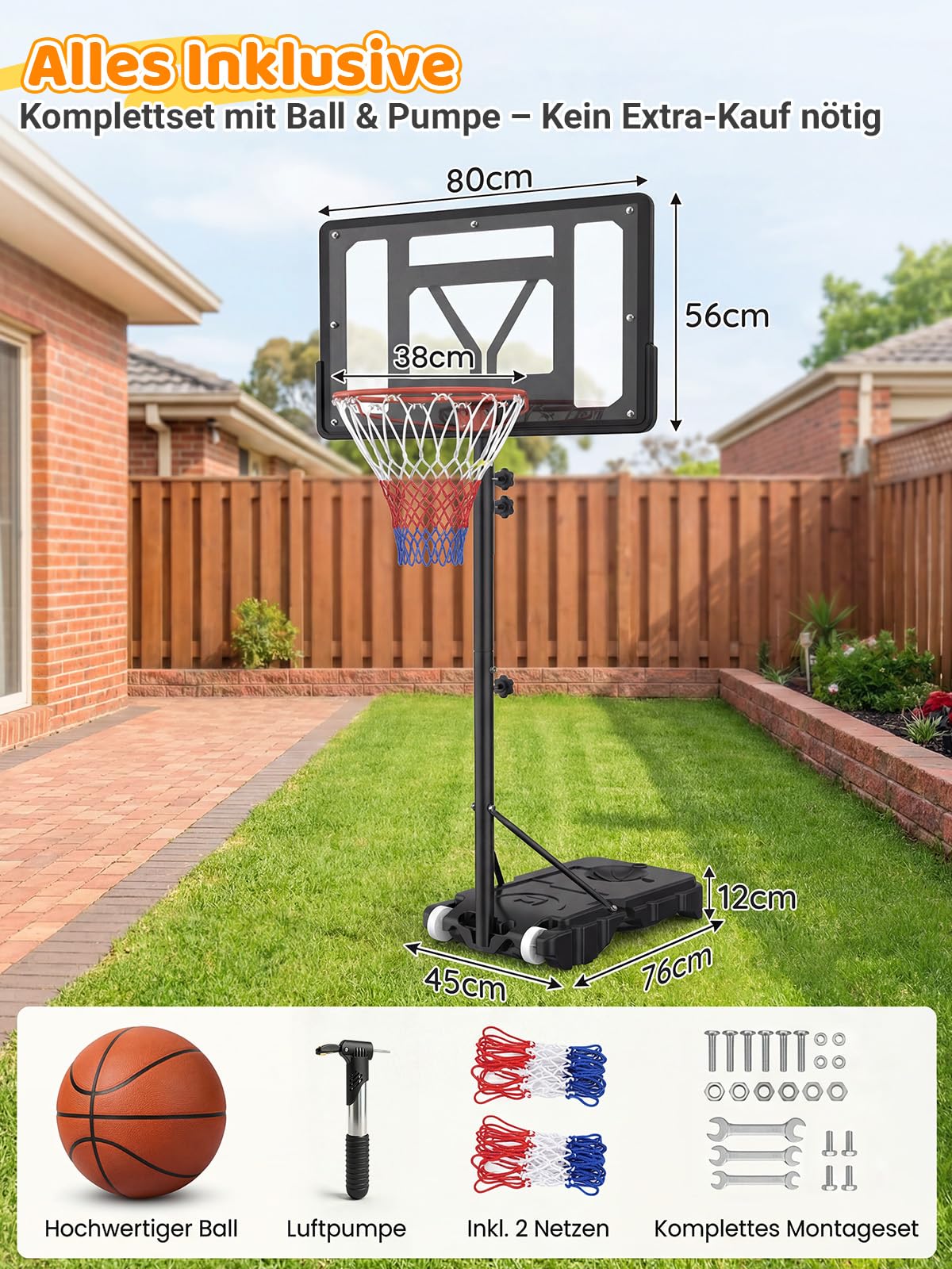 Basketballkorb Outdoor für Kinder: 155-210 cm Höhenverstellbar für Kinder 4-14 Jahre - Inkl. 2X Netze, Basketball & Pumpe - Basketballkörbe mit Ständer für Indoor Outdoor Garten Hof Garage