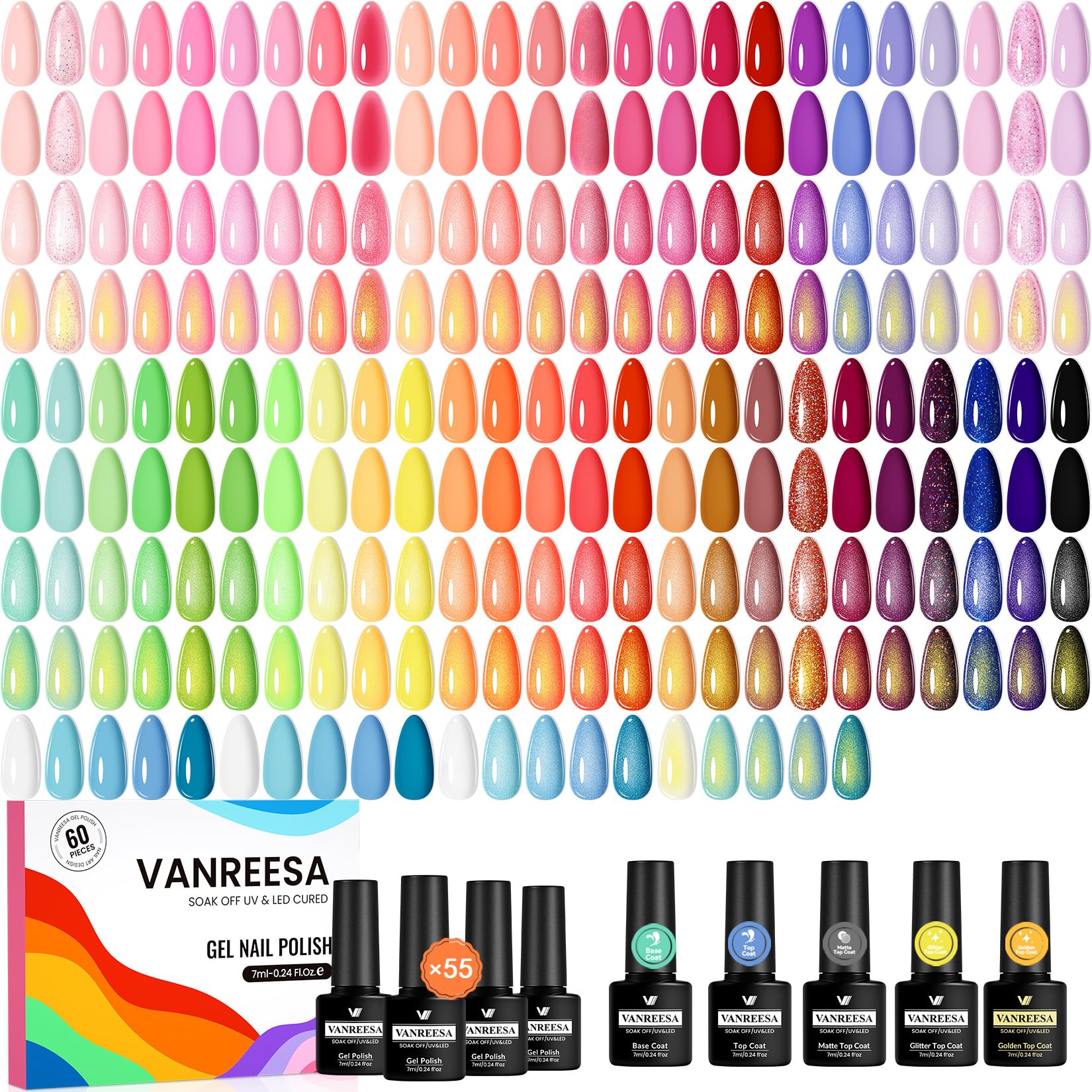 VANREESA Kit Vernis Semi Permanent, 55 Couleurs 60Pcs Vernis Semi Permanent Kit Ongle Gel UV Complet avec Base Top Coat Mat, Cadeau pour Femmes