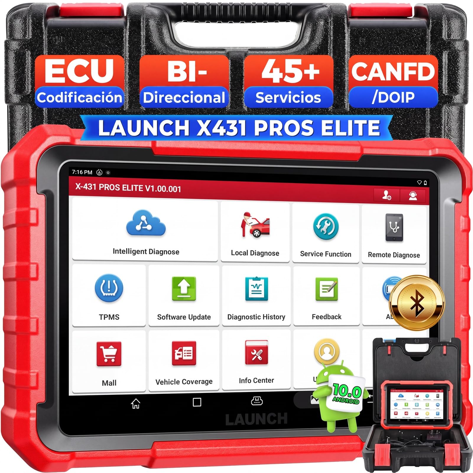 Launch X431 Pros Elite OBD2 Diagnosis Coche Multimarca, Bi-direccional Sistema Completo Scan Tool, Codificación ECU, 45+ Funciones, CANFD&DOIP, FCA Autoauth, 2 Años de Actualización