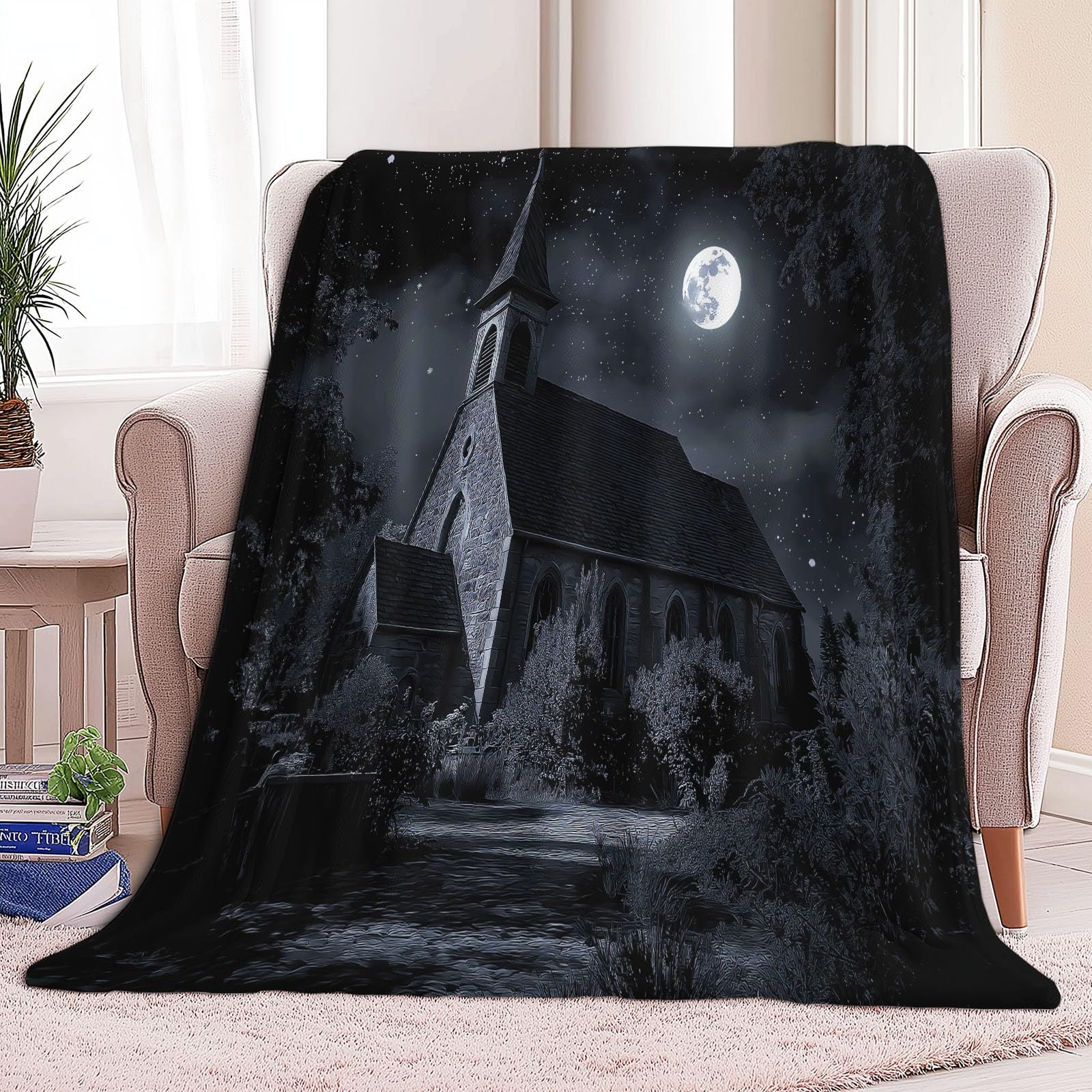Generico Księżyc Kościół Gwiazdy Kościół Koc Polarowy, Czarny Flanelowy Koc W Kratę Na Sofę 220 x 240 cm - Sezonowa Dekoracja Domu Salon Sofa