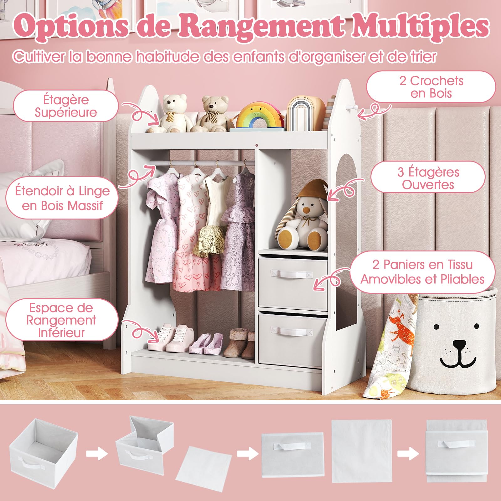 COSTWAY Portant à Vêtements Enfant avec Miroir en Acrylique & Cintre en Bois, Penderie Enfant avec 3 Étagères Ouvertes & 2 Bacs en Tissu, Garde-Robe pour Chambre d'enfant, 81x75x107 cm (Blanc)