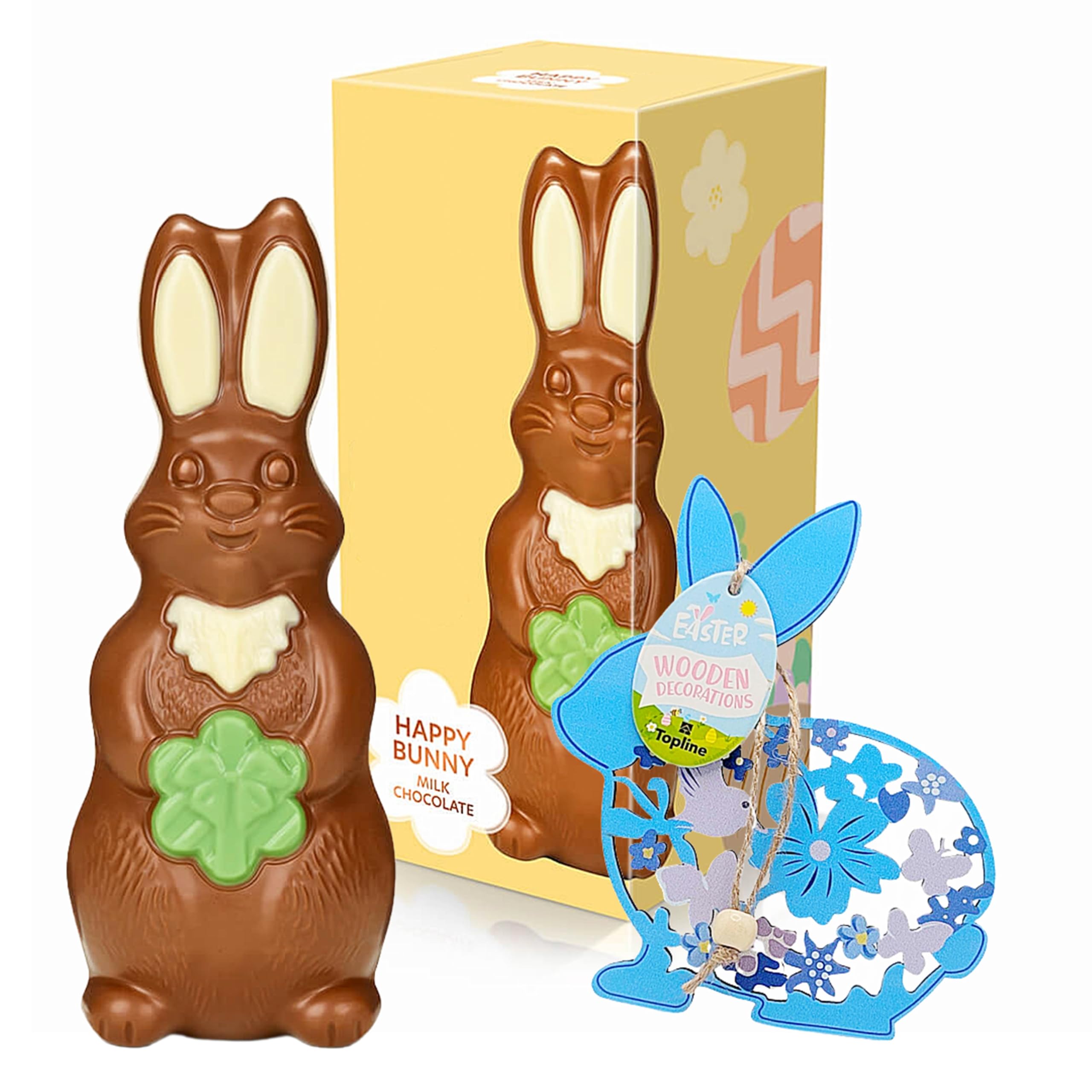 Easter Bunny Chocolate for Easter Gifts - Milk & White Chocolate Happy Bunny Figure 170g with Topline Wooden Decoration. Great Chocolate Gift for Kids Egg Hunt, Chocolate Hampers