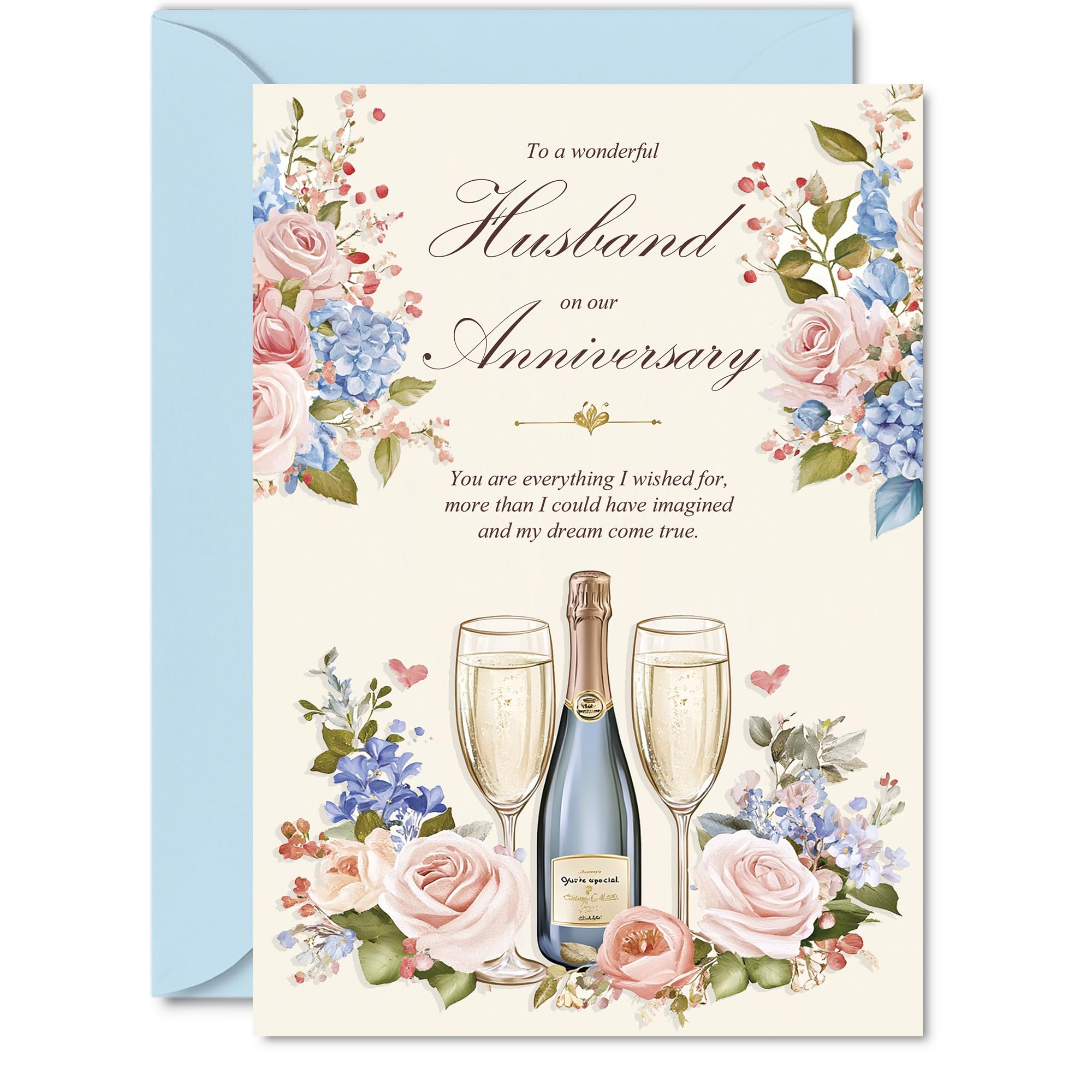 Husband Anniversary Card - Floral Champagne - Happy Anniversary Card for Husband from Wife Partner, A5 Wedding Anniversaries Greeting Cards