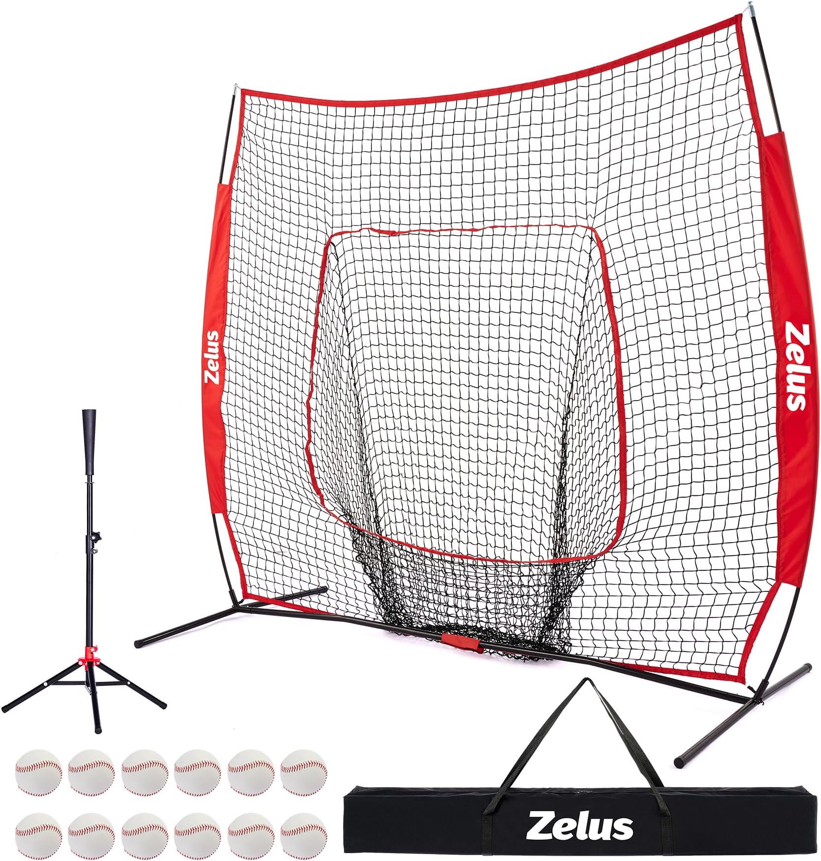 ZELUS 7x7ft Baseball Net with Tee, 12 Baseballs and Carry Bag, Softball and Baseball for Batting Hitting and Pitching