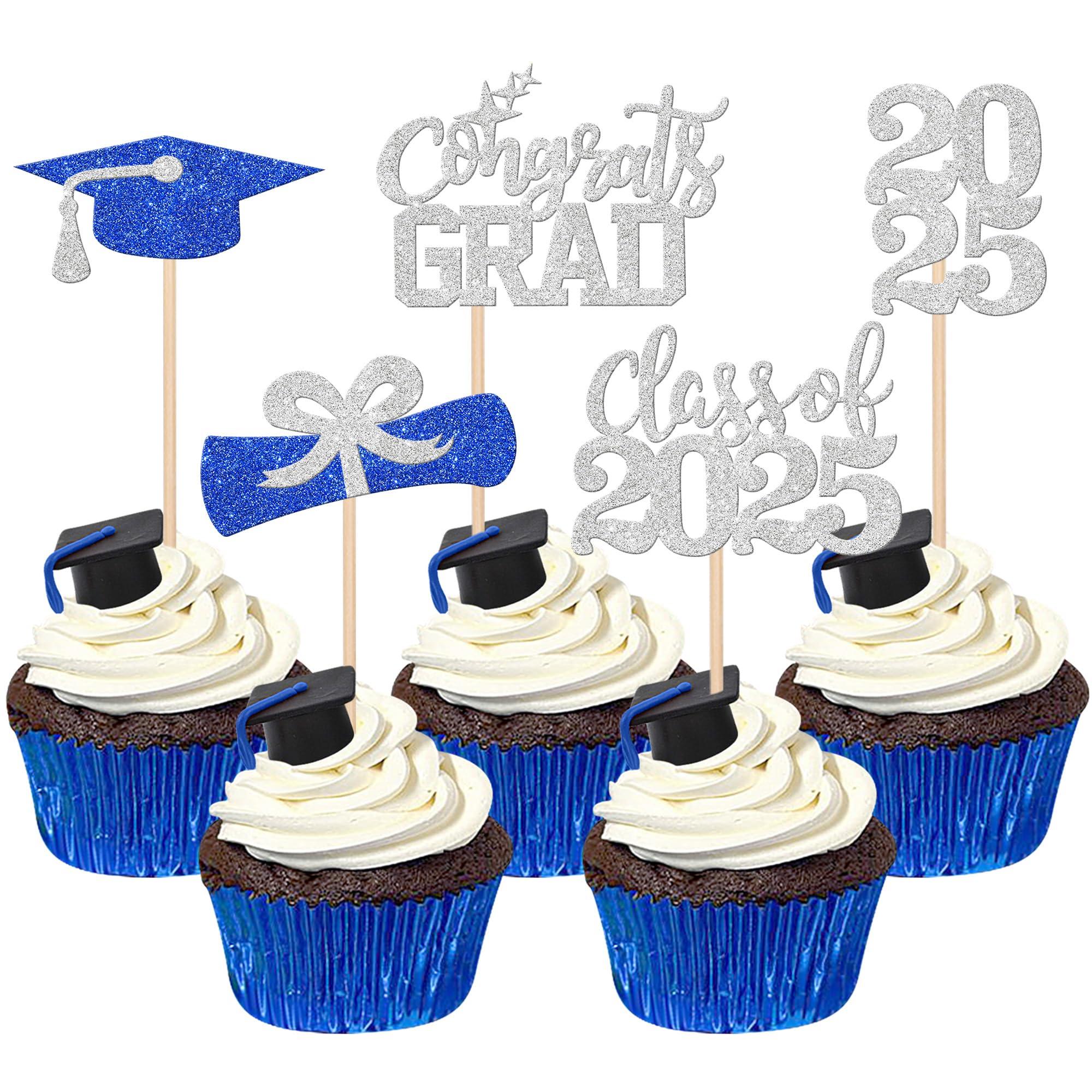 40 PCS 2025 Graduation Theme Cupcake Toppers Glitter Congrats Grad 2025 Diploma Graduation Cap Cupcake Picks for Class of 2025 Graduation Theme Party Cake Decorations Supplies Blue Silver
