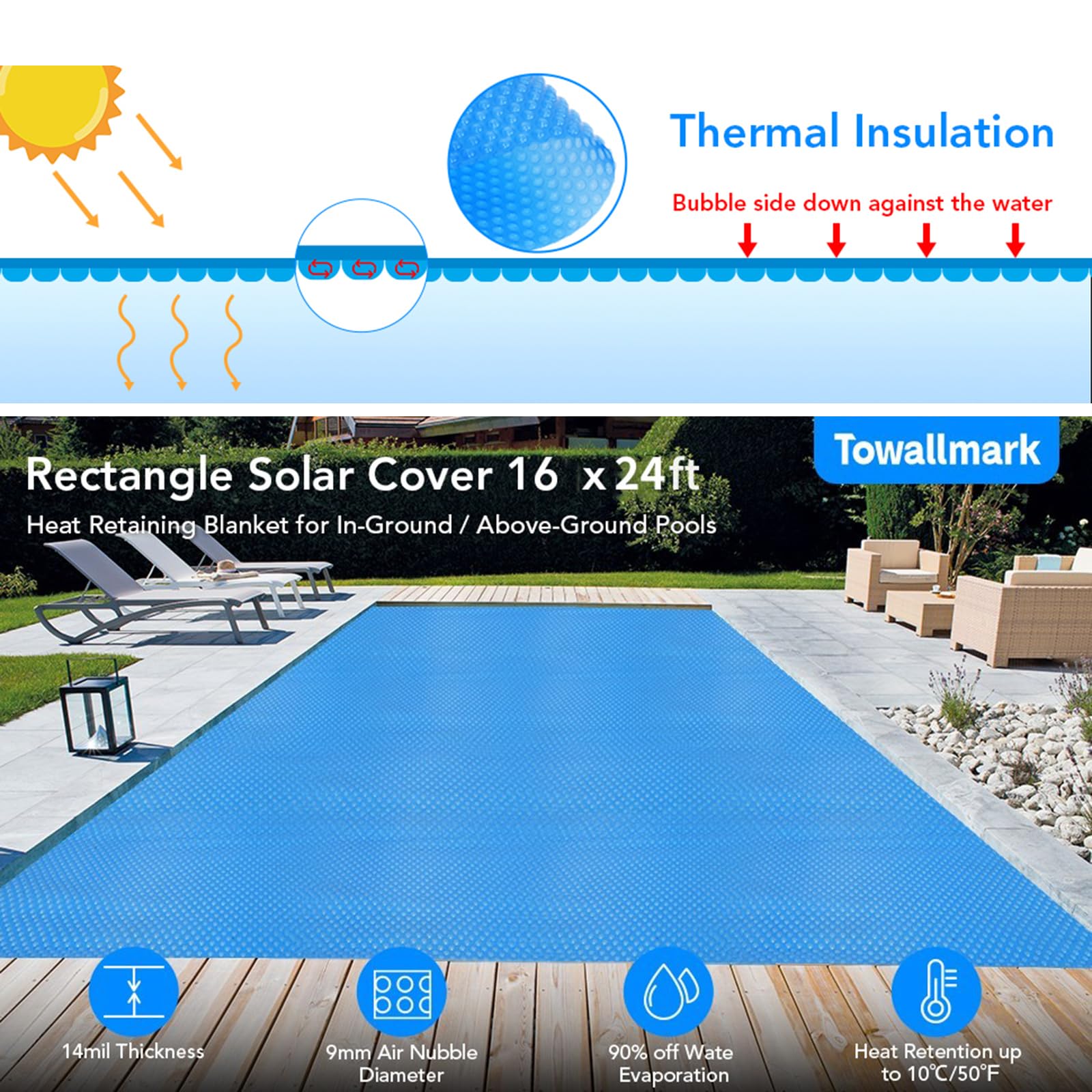 Couvertures isolantes de piscine - Couverture de rétention de la chaleur - Imperméable - Film à bulles - Bâche solaire