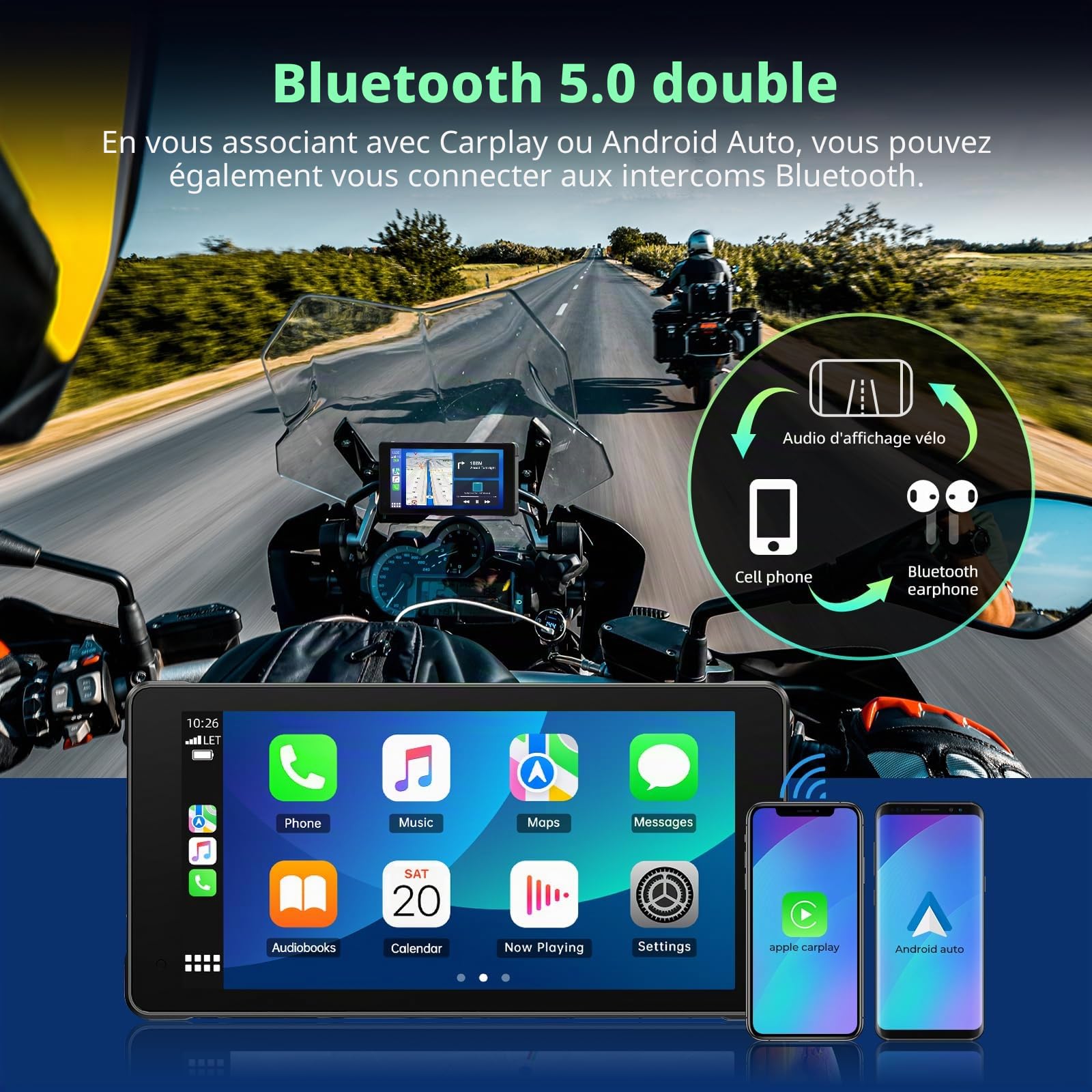 Volam Ecran Carplay Moto, Portable sans Fil Carplay et Android Auto pour Moto avec 2K+1080P Caméra Tableau Bord Avant et Arrière,5,5 Pouces écran Tactile, Navigation, Siri/G-oogle, APP, Carte 64TF