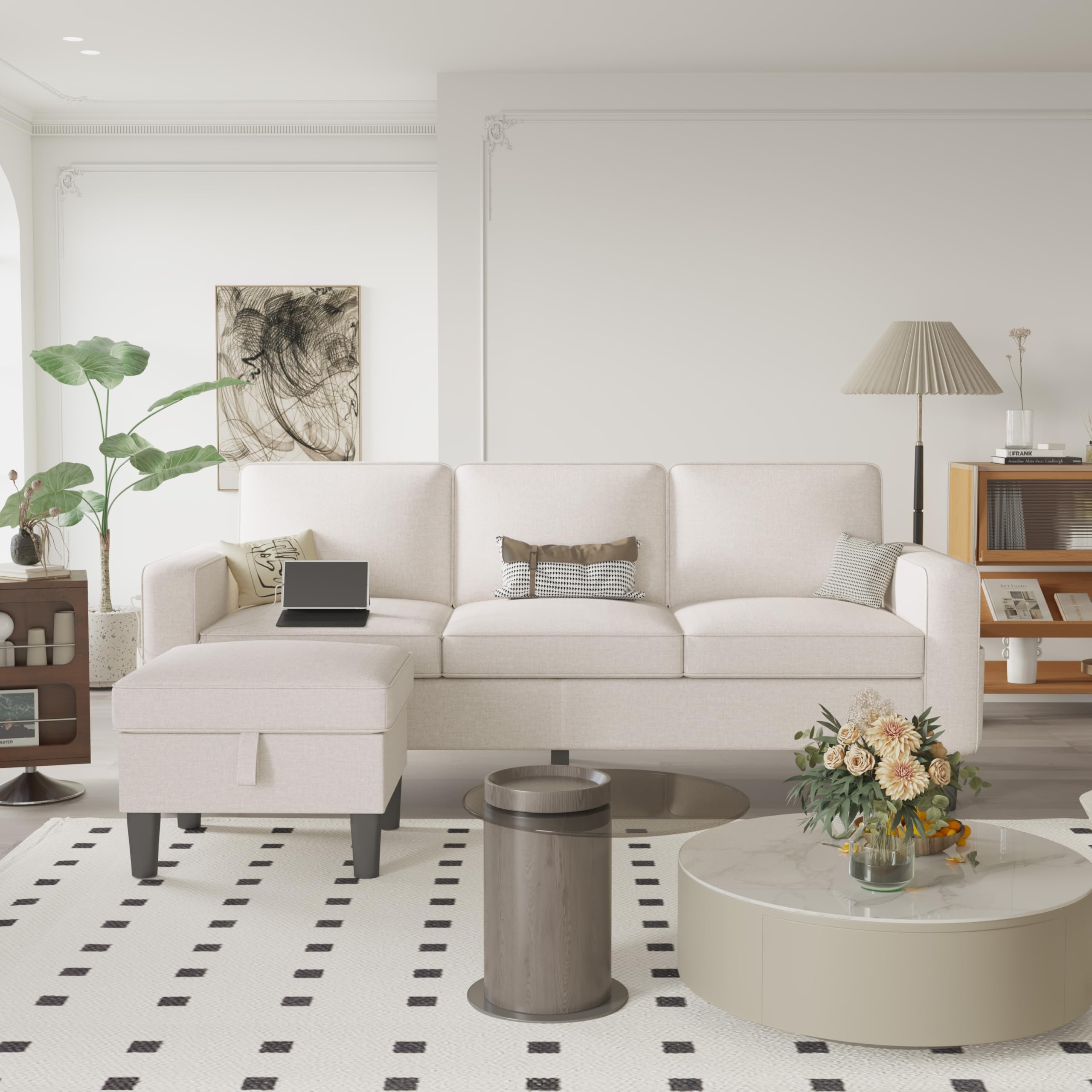 ZeeFuSectional and Sofa Couches for Living Room - 78'' Dark Gray Linen 3 Seat L Shape Couch with USB & Type-C Charg Port & Storage Ottoman - Modern Sofa Set for Office Small Space Apartment