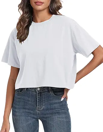 PRIMODA Women's Oversized Workout Cropped T Shirts Crew Neck Short Sleeve Casual Loose Summer Crop Tee Tops Cotton