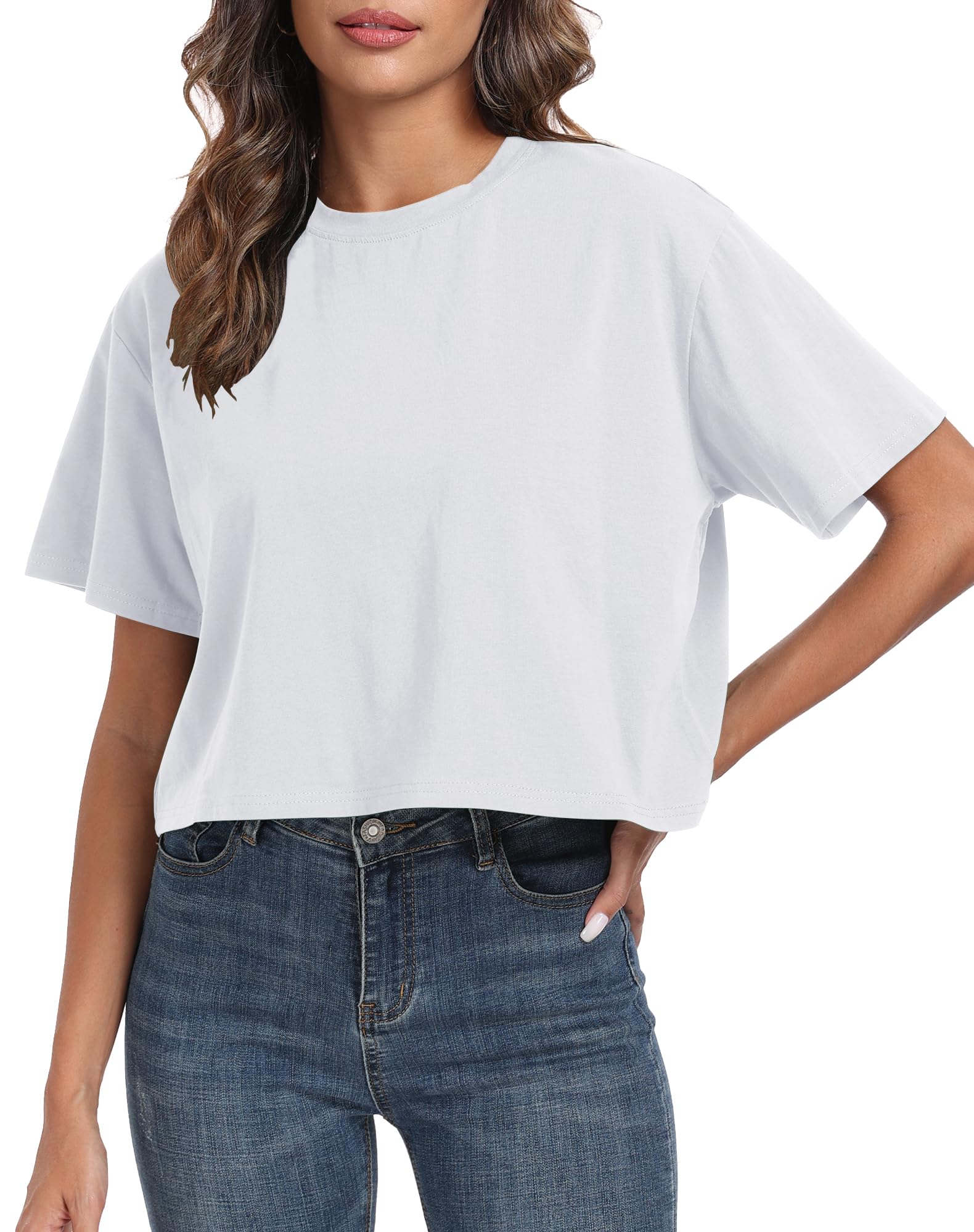 PRIMODAWomen's Oversized Workout Cropped T Shirts Crew Neck Short Sleeve Casual Loose Summer Crop Tee Tops Cotton
