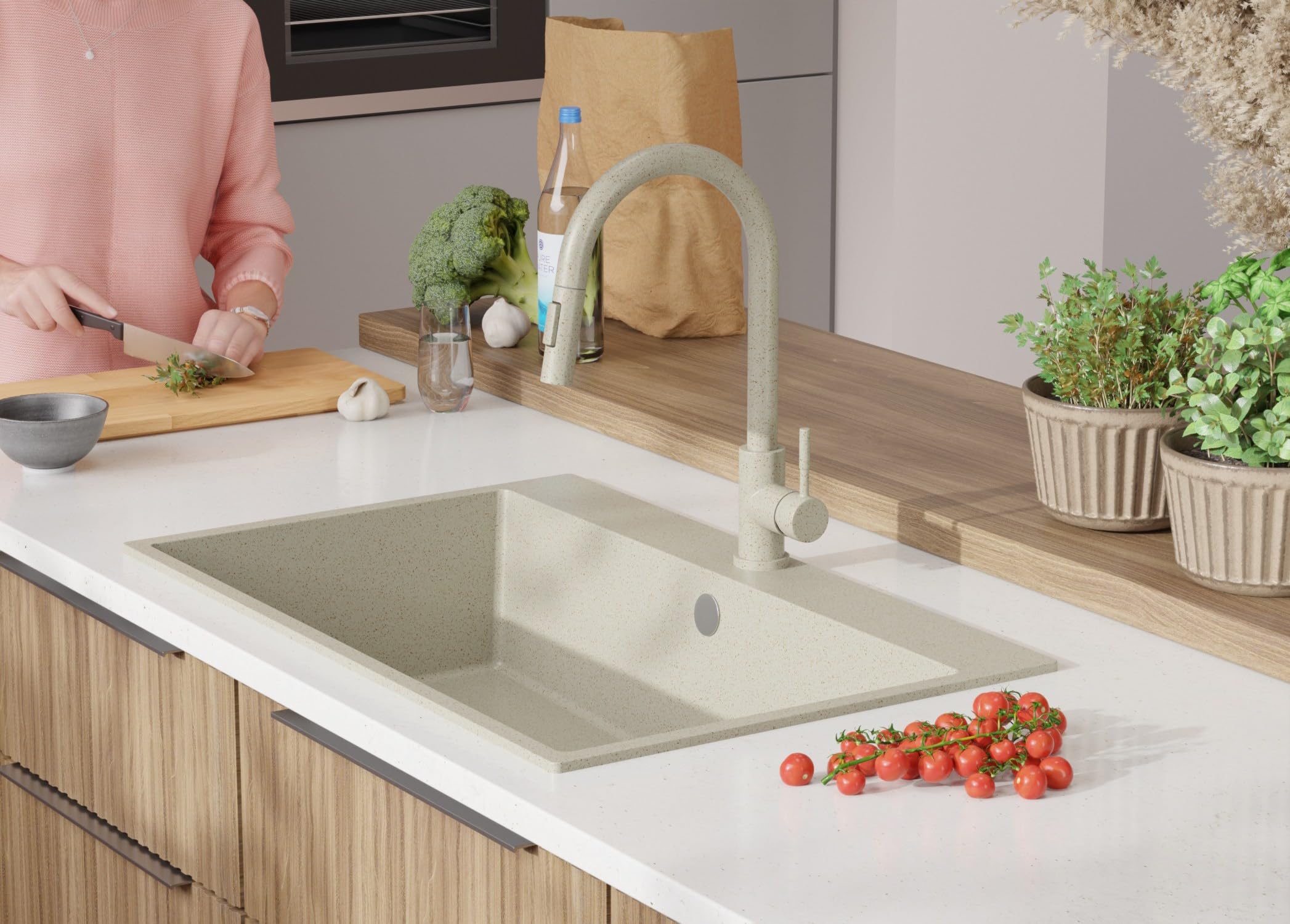 Lavello da Cucina Beige 78x50cm, Lavandino da Cucina a 1 vasca + Sifone Classico, Lavabo da Cucina Incasso al mobile 80cm - Riga di Primagran