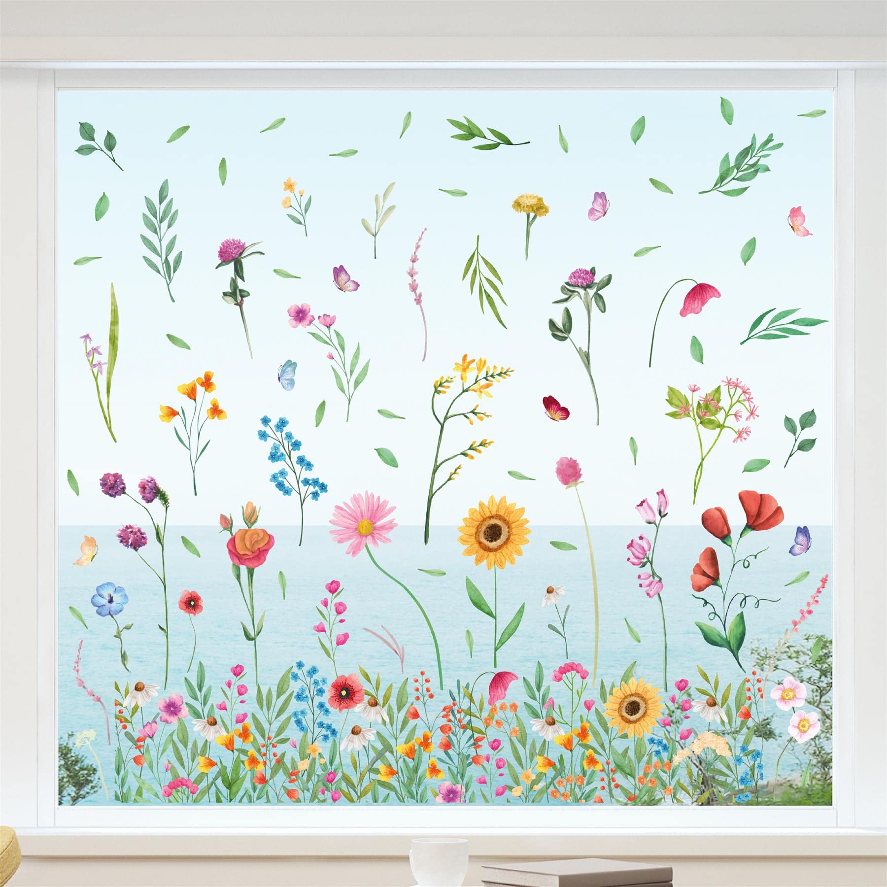 WALPLUS Watercolour Wildflower Meadow Window Stickers, Removable Reusable Double-Sided Glass Clings for Home, Kids Room, Classroom and Seasonal Decor