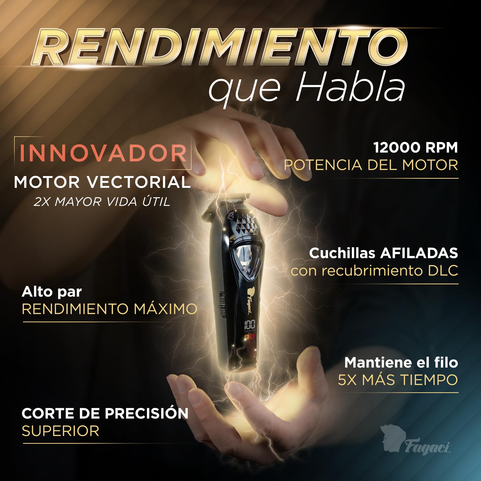 Fagaci Recortadora de Barba Hombre Profesional, Cuchilla DLC Zero Gap | Recortadora inalámbrica zero gap con cuchillas DLC, Motor vectorial de 12.000 RPM, Incluye base de carga y guías