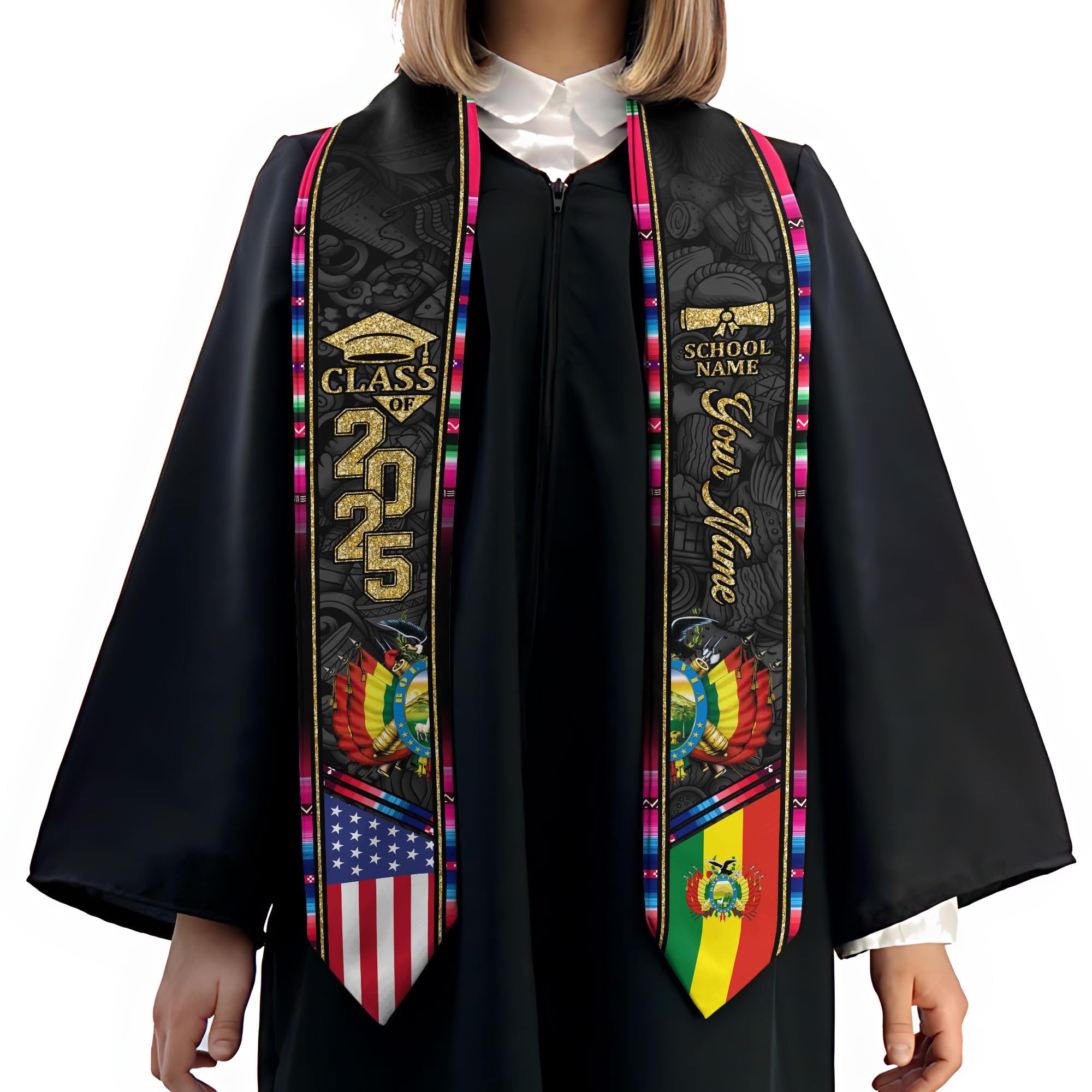 MonkeyVan Personalized Bolivia Graduation Stole, Bolivian Graduation Sash, Bolivia Flag Graduation Stole, Class of 2025 M54