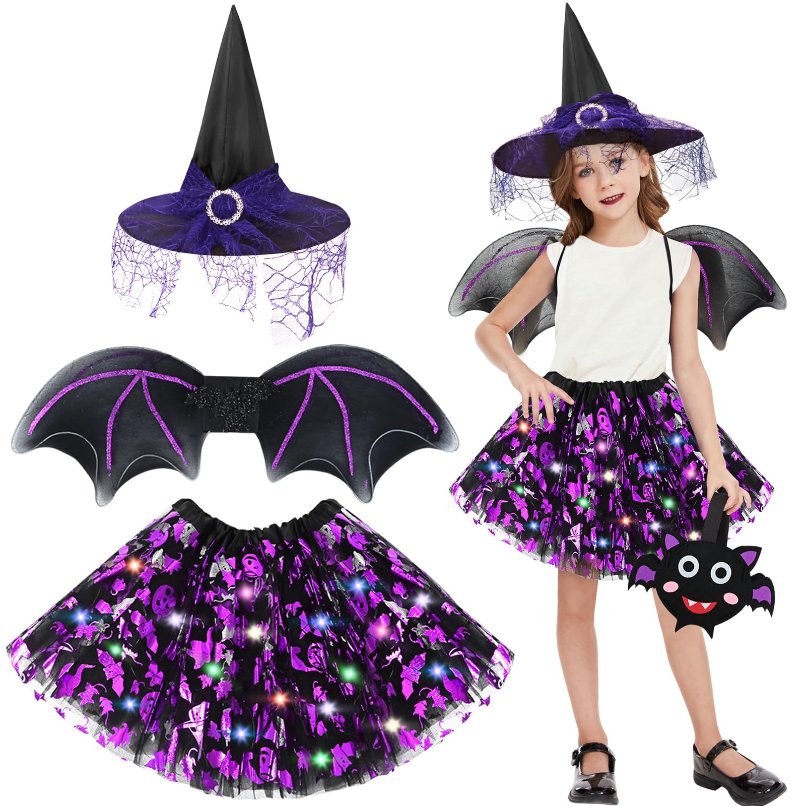 FORMIZON Bat Costume Girls, LED Bat Costume Set with Tutu Skirt, Witch Hat, Wings, Candy Bag, Bat Skirt with Lights, Children's Witch Costume for Halloween, Carnival, Cosplay Party