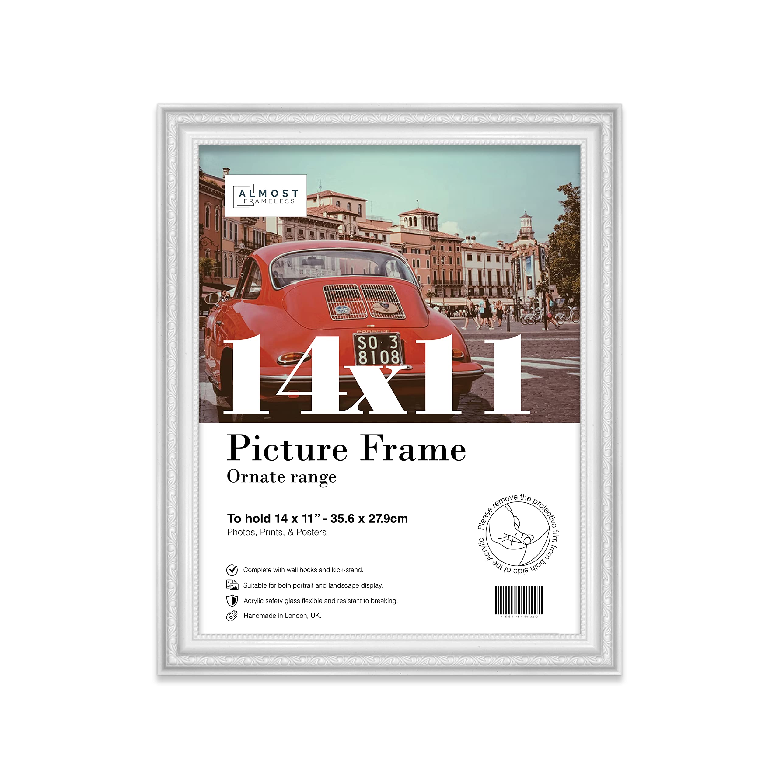 Almost Frameless 14x11 White Ornate Picture Frame 14"x11"(35.6x27.9cm) Poster, Photo, Artwork, or Print. Opulent Style Portrait and Landscape Display with Wall Hooks