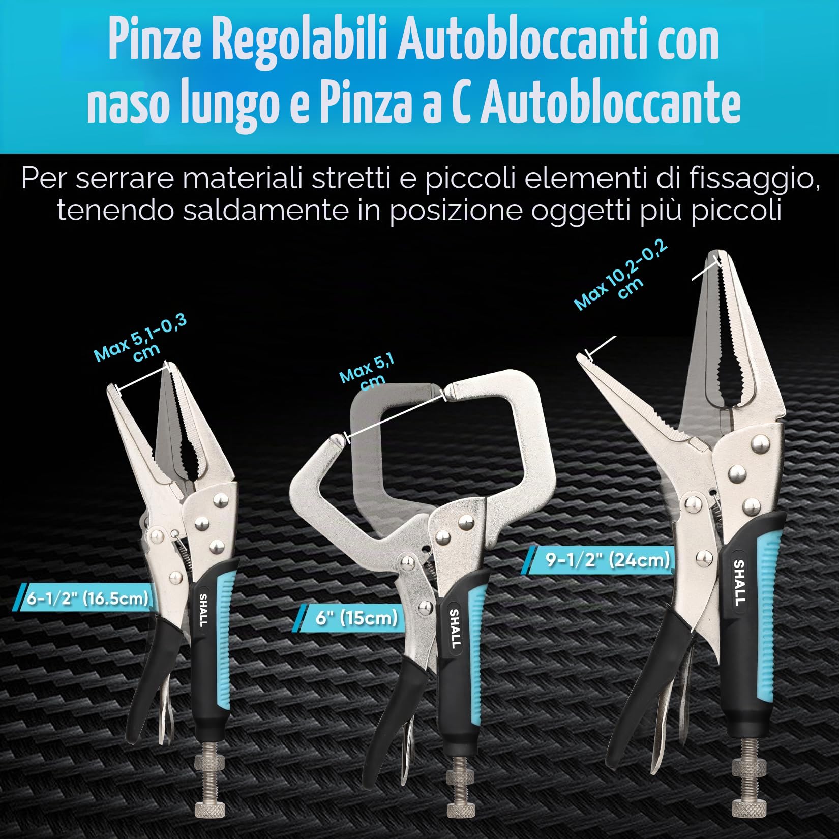 Shall Set di 6 pinze di bloccaggio – mascella curva da 12,7 cm, 17,8 cm e 25,4 cm, naso lungo 15,2 cm e morsetto a C da 15,2 cm, manico in TPR bicolore, custodia arrotolabile inclusa