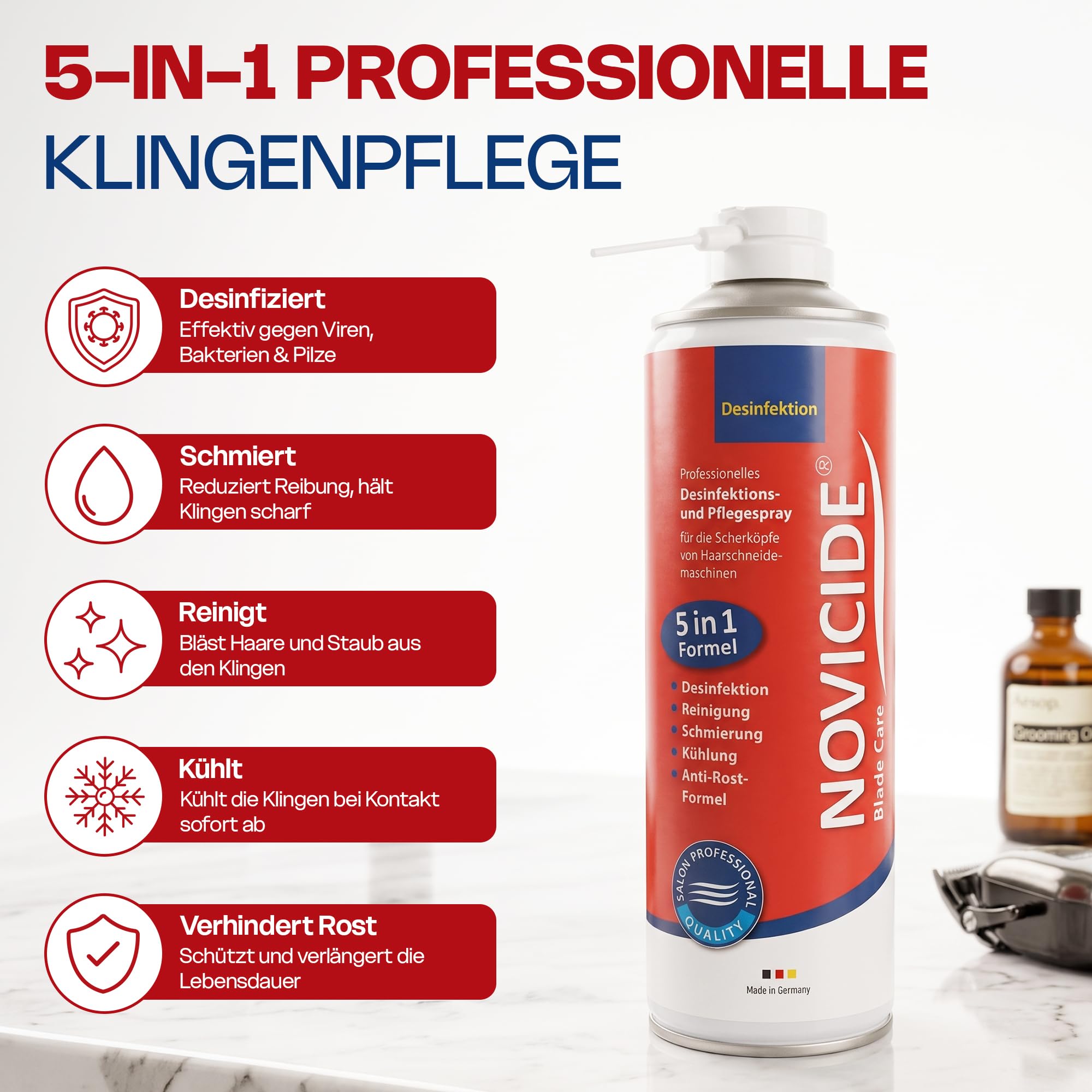 Blade Care Spray 5in1 2x500ml Desinfektion Haarschneidemaschine | Desinfiziert nach EU-Hygienestandard gegen Viren, Bakterien & Pilze. Nur 3 Min. Einwirkzeit - kein klebriger Ölfilm danach.
