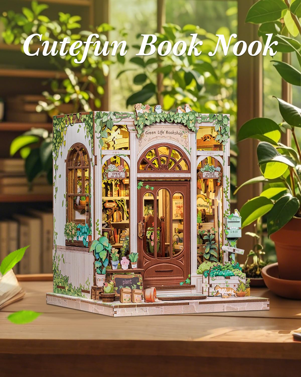 Cutefun Book Nook Kit - DIY Puppenhaus Miniatur Bausatz für Erwachsene, 3D-Holzpuzzles Bastelgeschenke für Frauen und Bücherliebhaber (Green Life Bookshop)