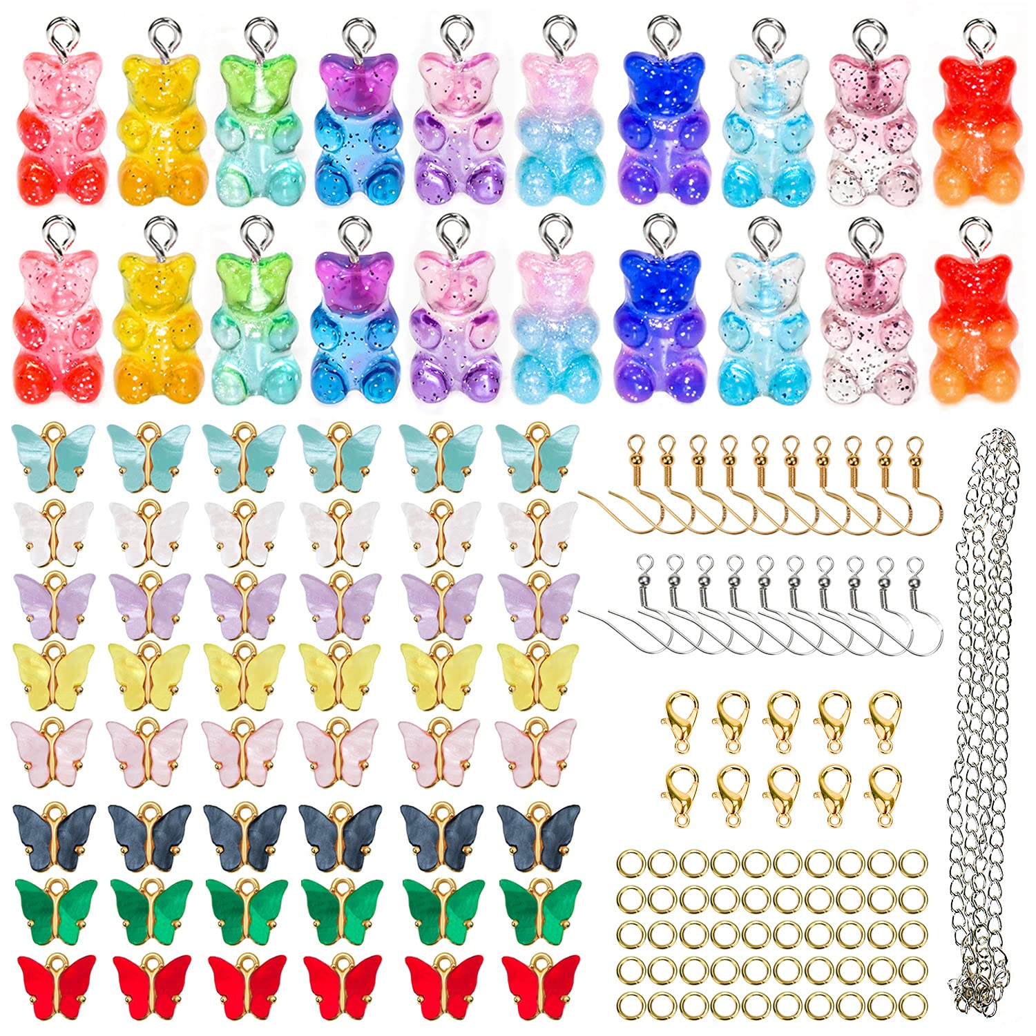 QIQNButterfly Pendant Acrylic Colourful Bear Resin Jewellery Set for DIY Jewellery Making, Necklaces, Earrings, Bracelets, Key Chains, Charm, Cute Bracelet, Accessories, Craft Accessories (149 Pieces)