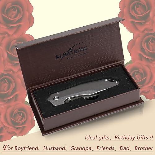 Miniatura 10 de ALBATROSS Cuchillo plegable EDC de 7 pulgadas con hoja de acero de damasco VG10, mango retro, clip para cinturón y caja de regalo marrón